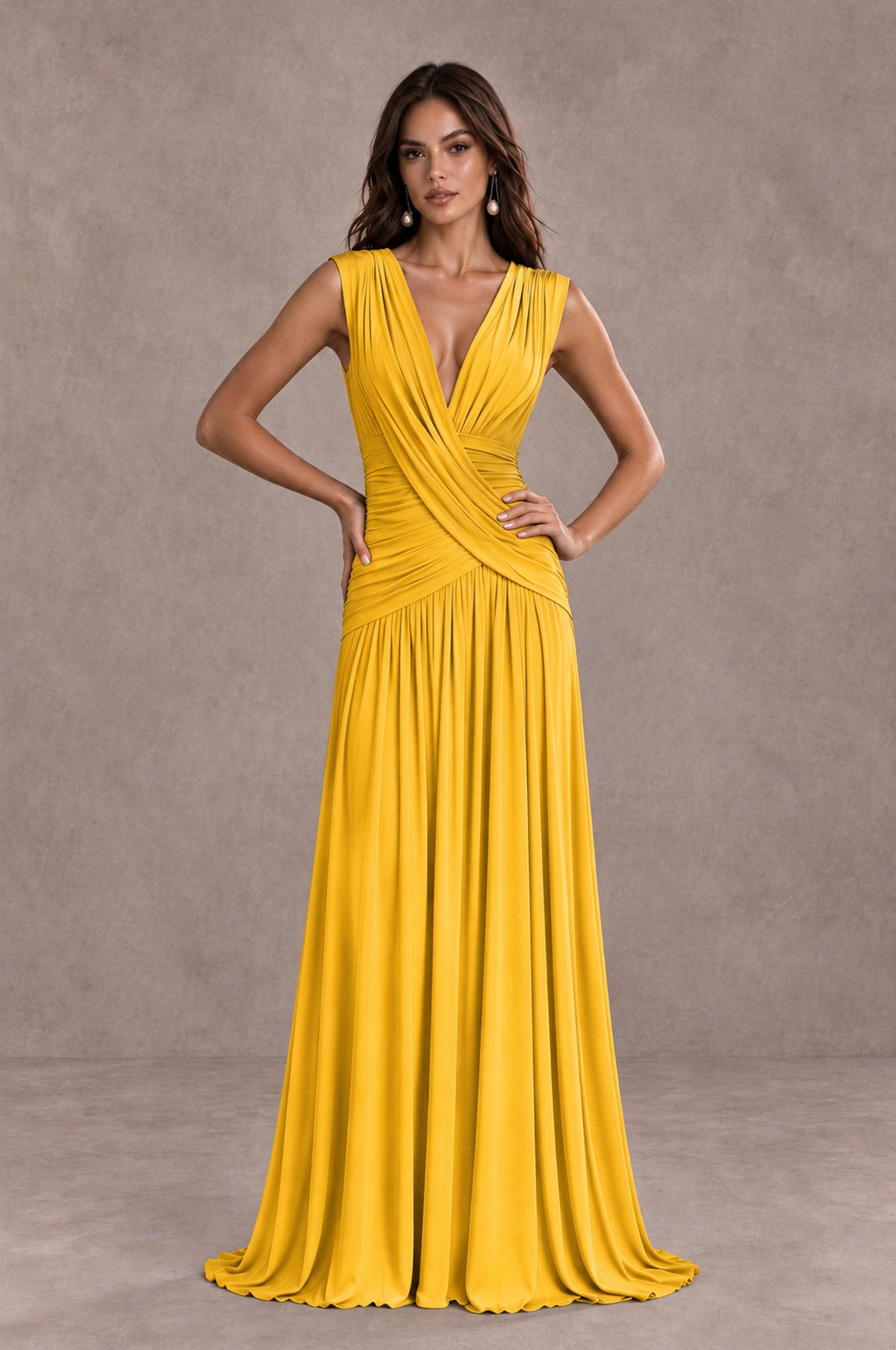 BOLODOO Mustard Yellow V-Neck Ruched Wedding Guest Dress - Mustard Yellow - Mustard Yellow_3