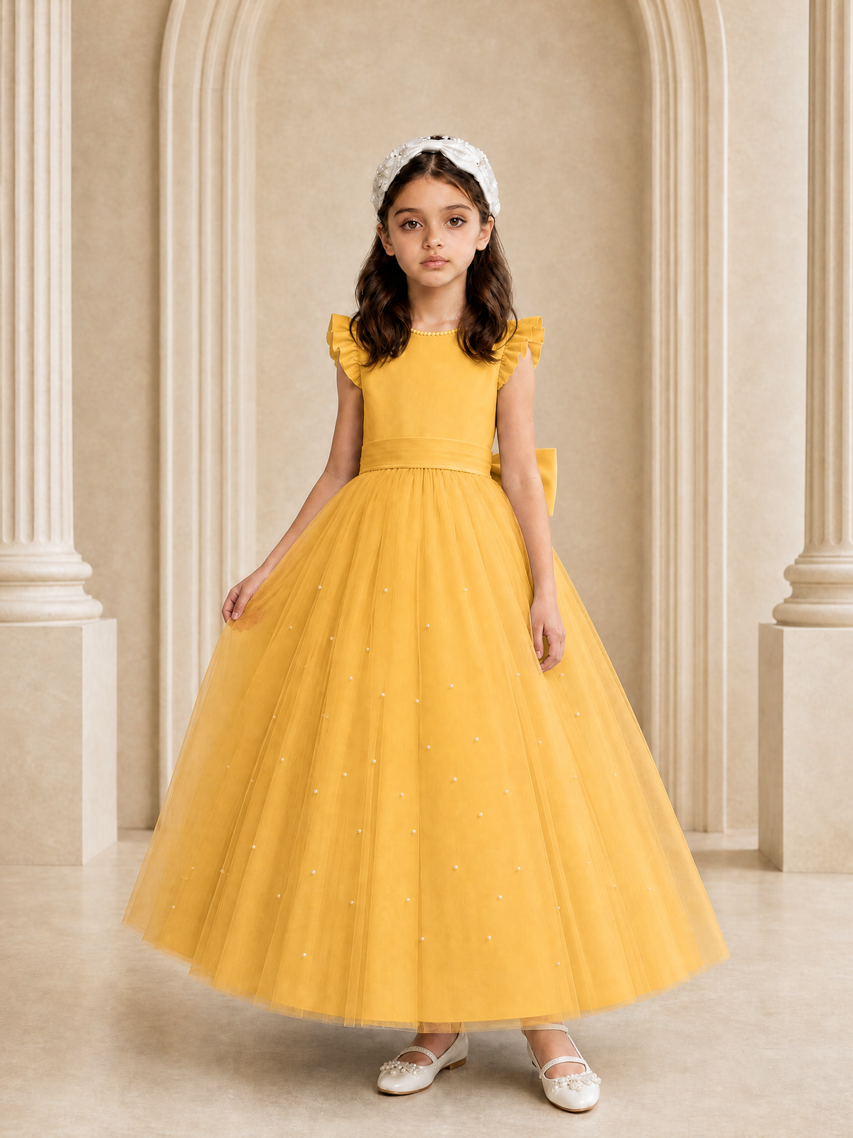 BOLODOO Mustard Yellow Tulle Flower Girl Dress with Ruffle Sleeves & Bow Back - Mustard Yellow - Mustard_Yellow_3
