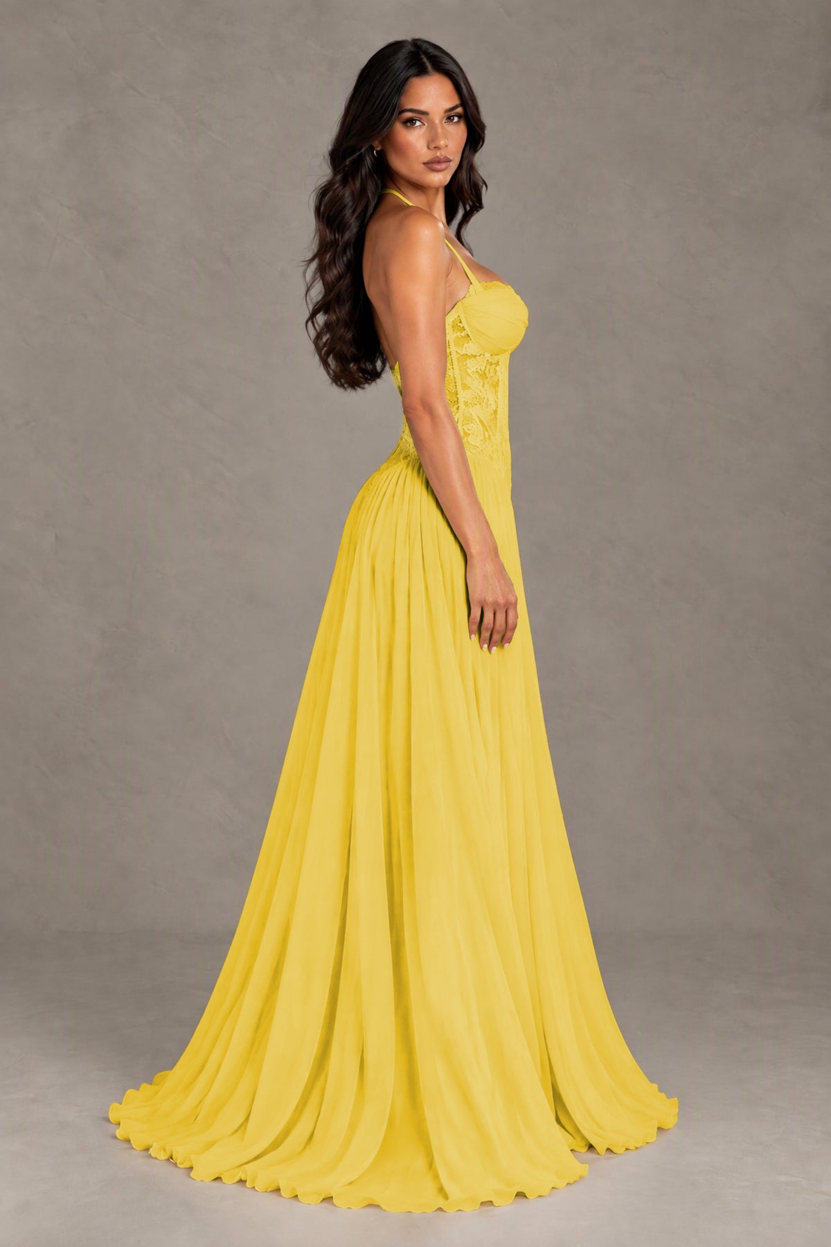 BOLODOO Mustard Yellow Lace Corset Halter Maxi Gown – Backless A-Line Formal Dress - Mustard Yellow - Mustard Yellow(3)