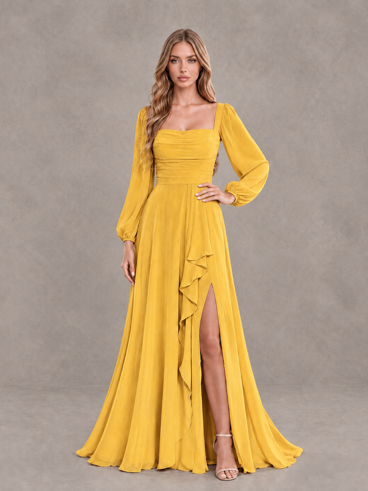 BOLODOO Mustard Yellow Square Neck Long Sleeve Bridesmaid Dress with Ruffle Slit - Mustard Yellow - Mustard Yellow_3