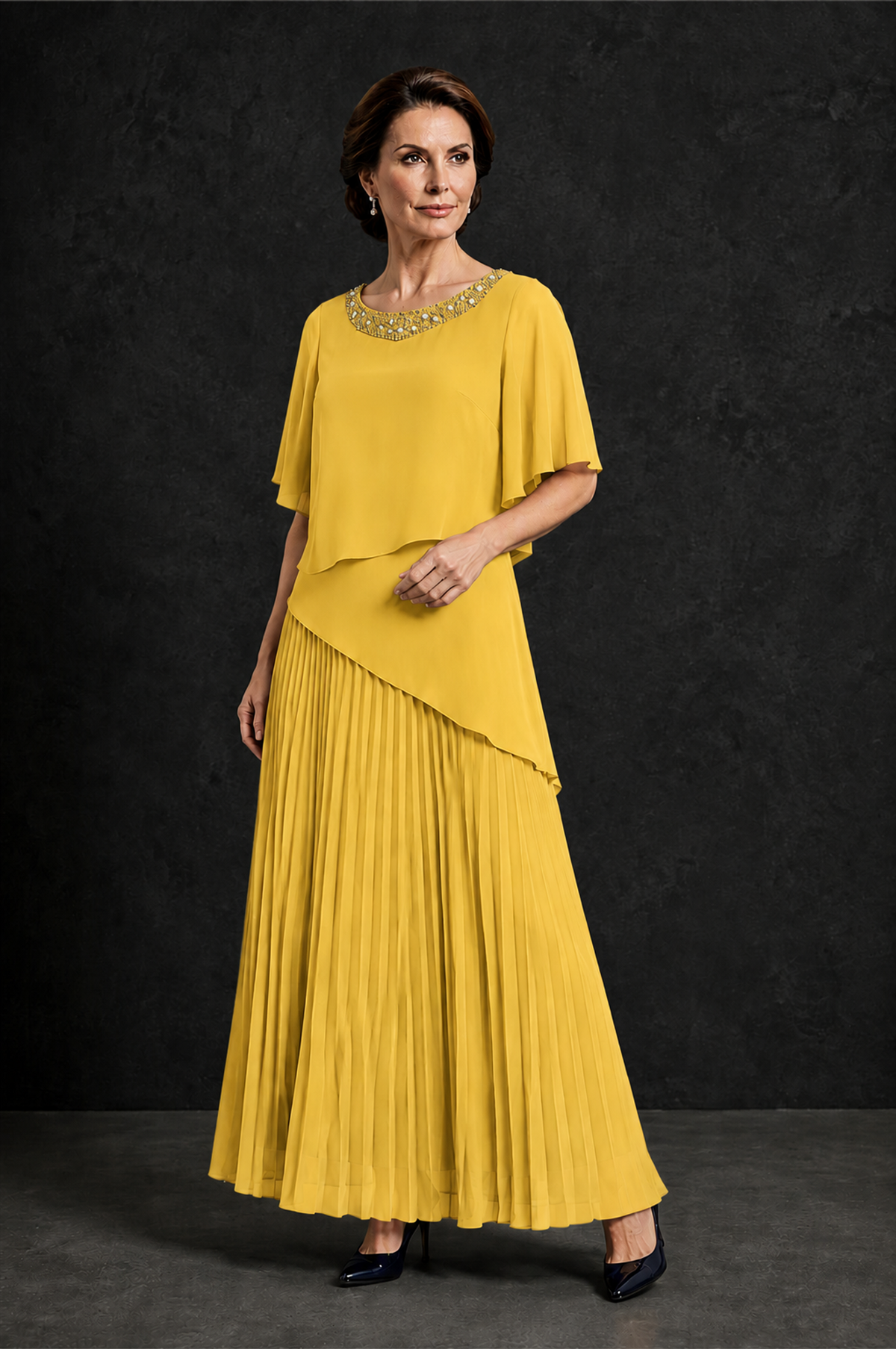 BOLODOO Mustard Yellow Pearl Beaded Neck Asymmetric Tiered Flutter Sleeve Pleated Chiffon Maxi Dress - Mustard Yellow - Mustard_Yellow_3