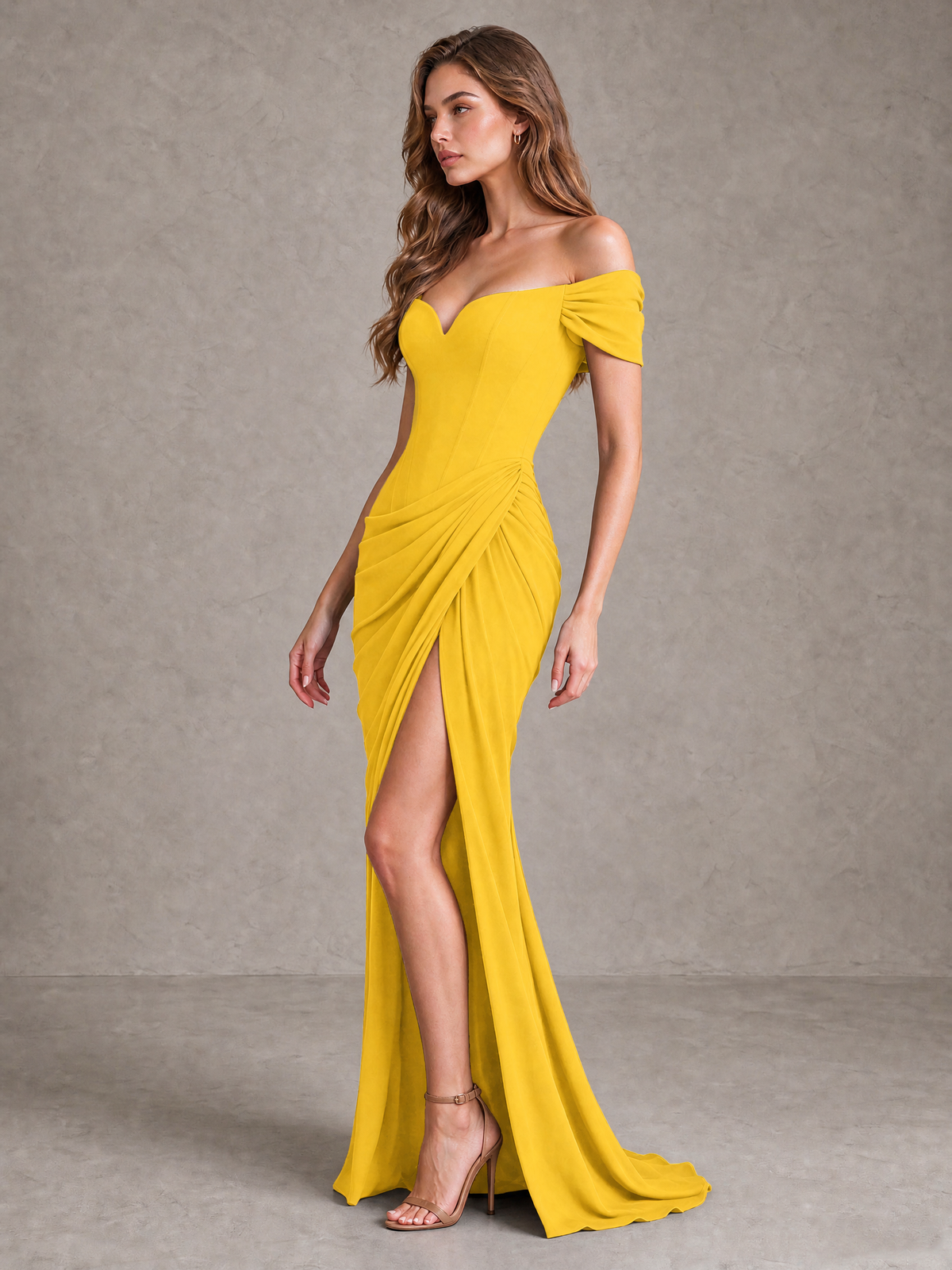 BOLODOO Mustard Yellow Off-Shoulder Ruched Corset Wedding Guest Dress with Slit - Mustard Yellow - Mustard_Yellow_3
