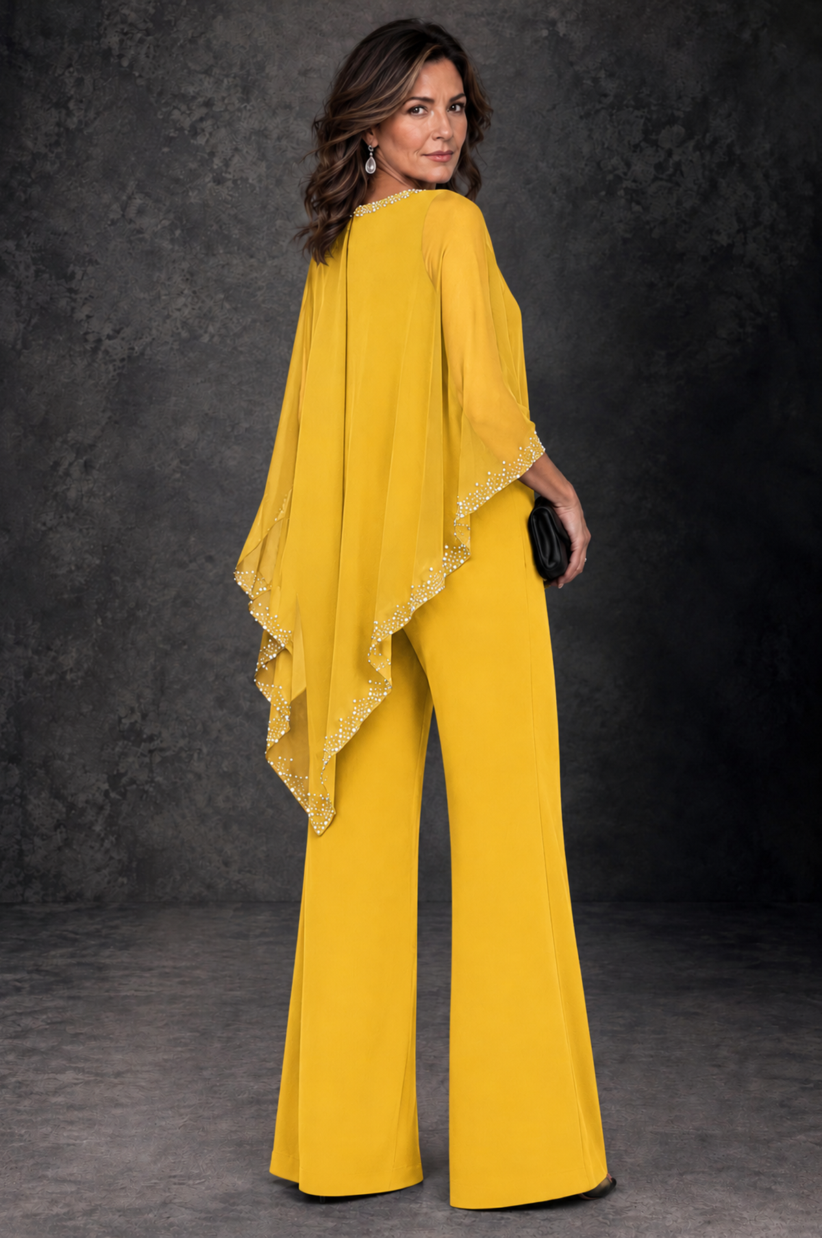 BOLODOO Mustard Yellow Embellished Cape Mother of the Bride Pantsuit - Mustard Yellow - Mustard_Yellow_3