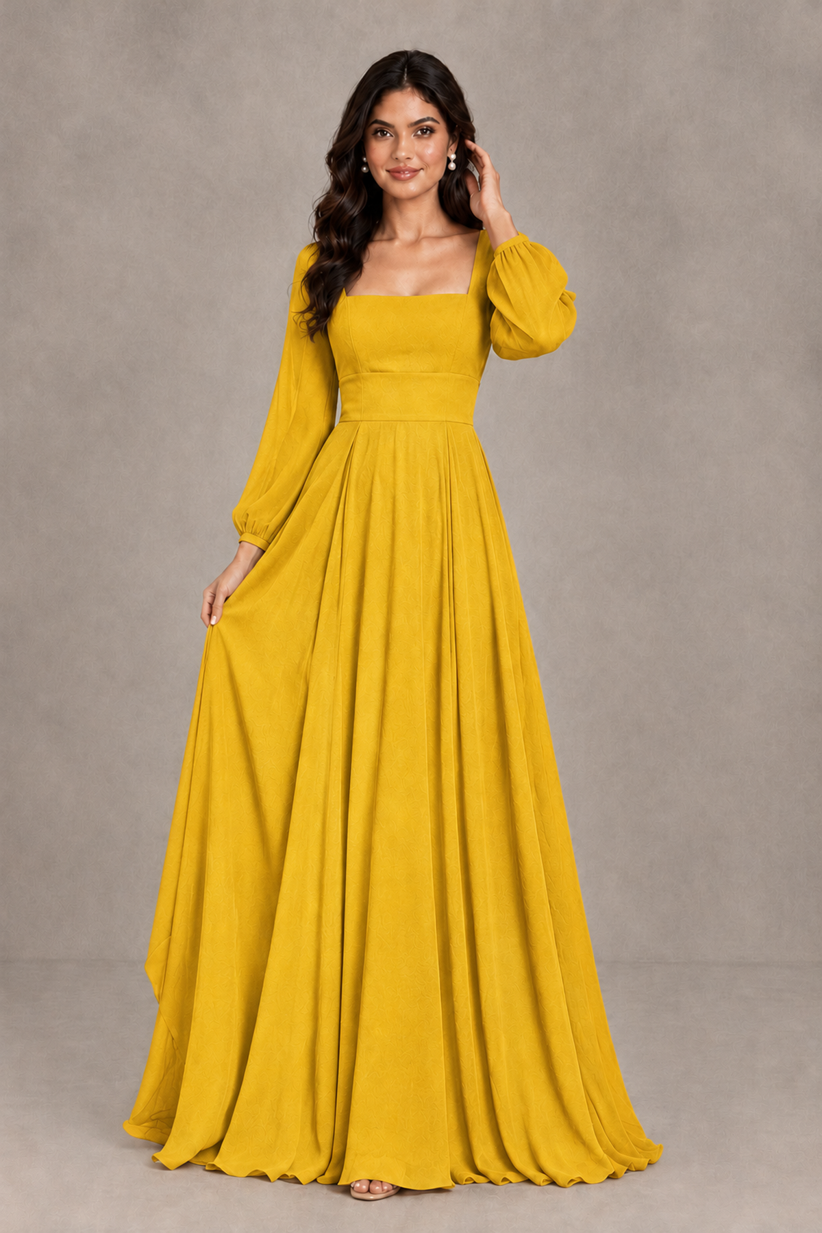 BOLODOO Mustard Yellow Square Neck Long Sleeve A-Line Bridesmaid Dress - Mustard Yellow - Mustard Yellow_3