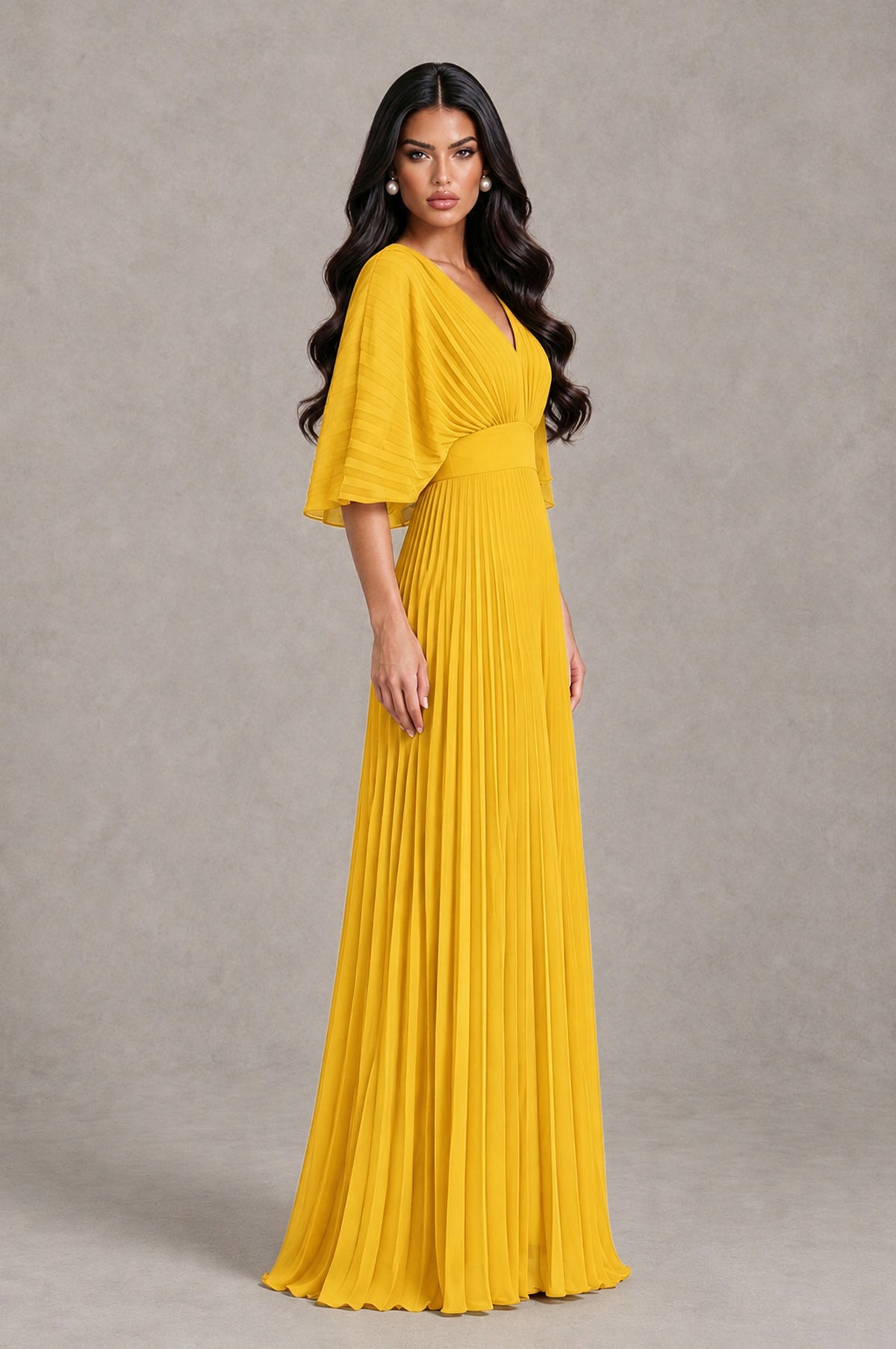 BOLODOO Mustard Yellow V-Neck Pleated Flutter Sleeve Formal Dress - Mustard Yellow - Mustard Yellow_3