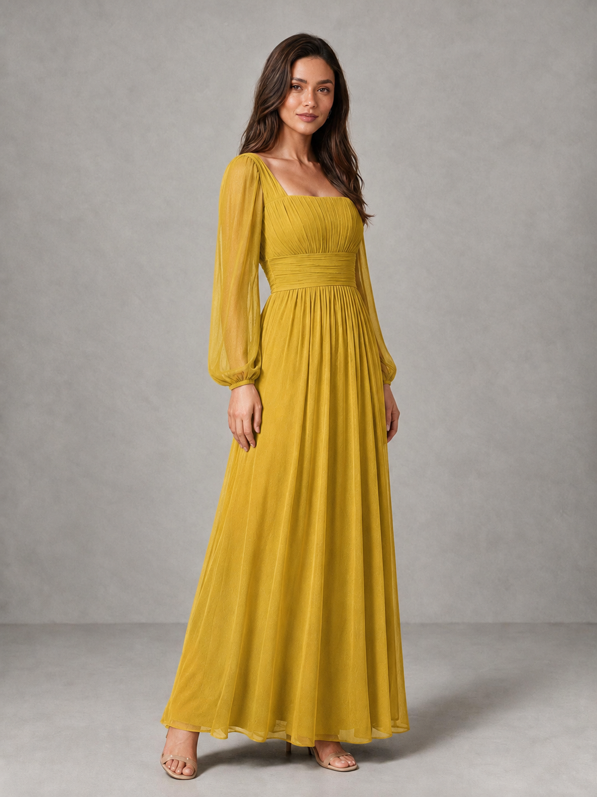 BOLODOO Mustard Yellow Square Neck Long Sleeve Chiffon Bridesmaid Dress - Mustard Yellow - Mustard Yellow_3