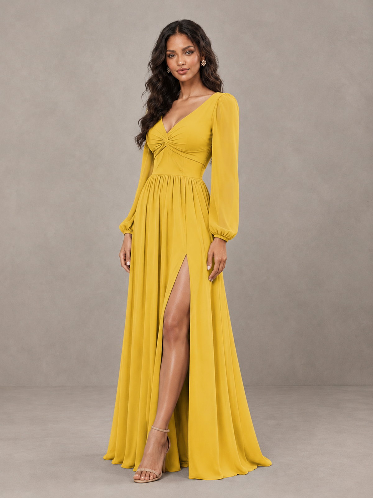 BOLODOO Mustard Yellow V-Neck Long Sleeve Bridesmaid Dress with Tie Back and Slit - Mustard Yellow - Mustard Yellow_3