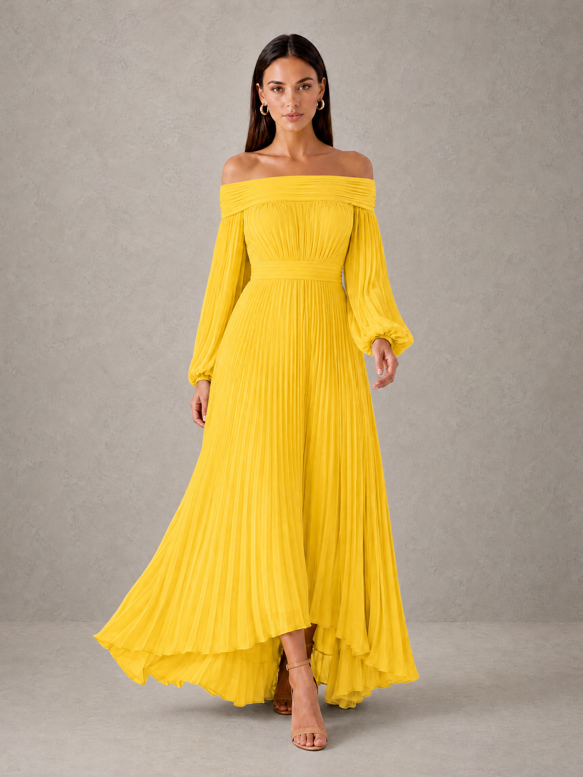 BOLODOO Mustard Yellow Off-Shoulder Long Sleeve Pleated High-Low Dress - Mustard Yellow - Mustard_Yellow_3