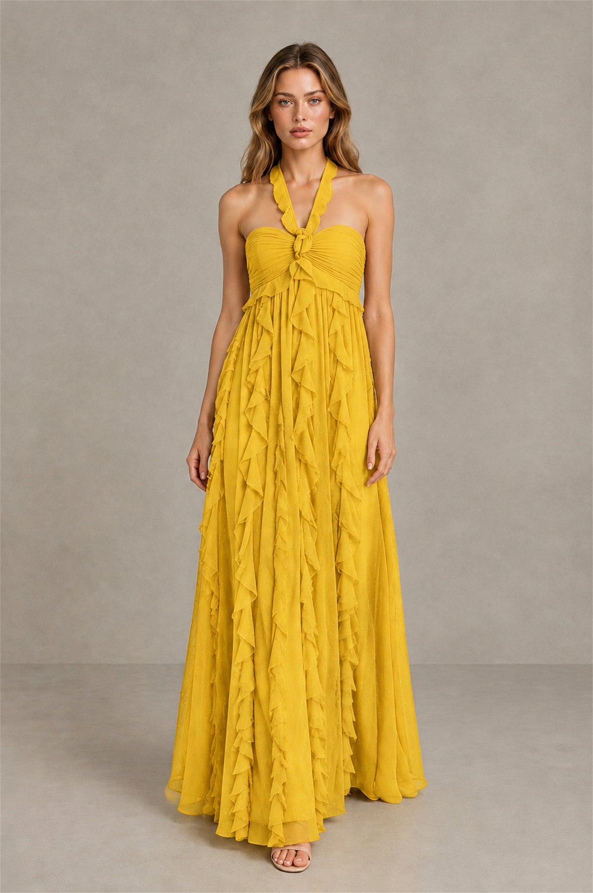 BOLODOO Mustard Yellow Halter Ruffle A-Line Floor-Length Evening Dress - Mustard Yellow - Mustard_Yellow_4