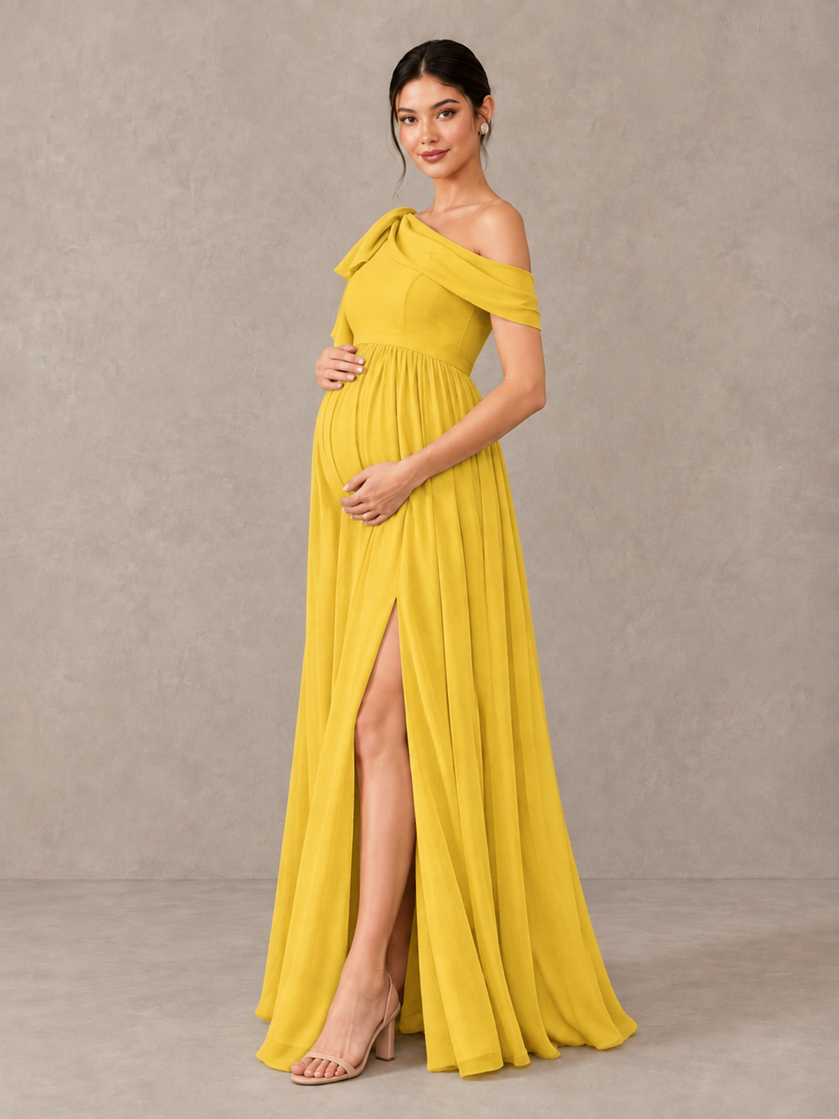 BOLODOO Mustard Yellow One-Shoulder Maternity Bridesmaid Dress with Slit - Mustard Yellow - Mustard_Yellow_4