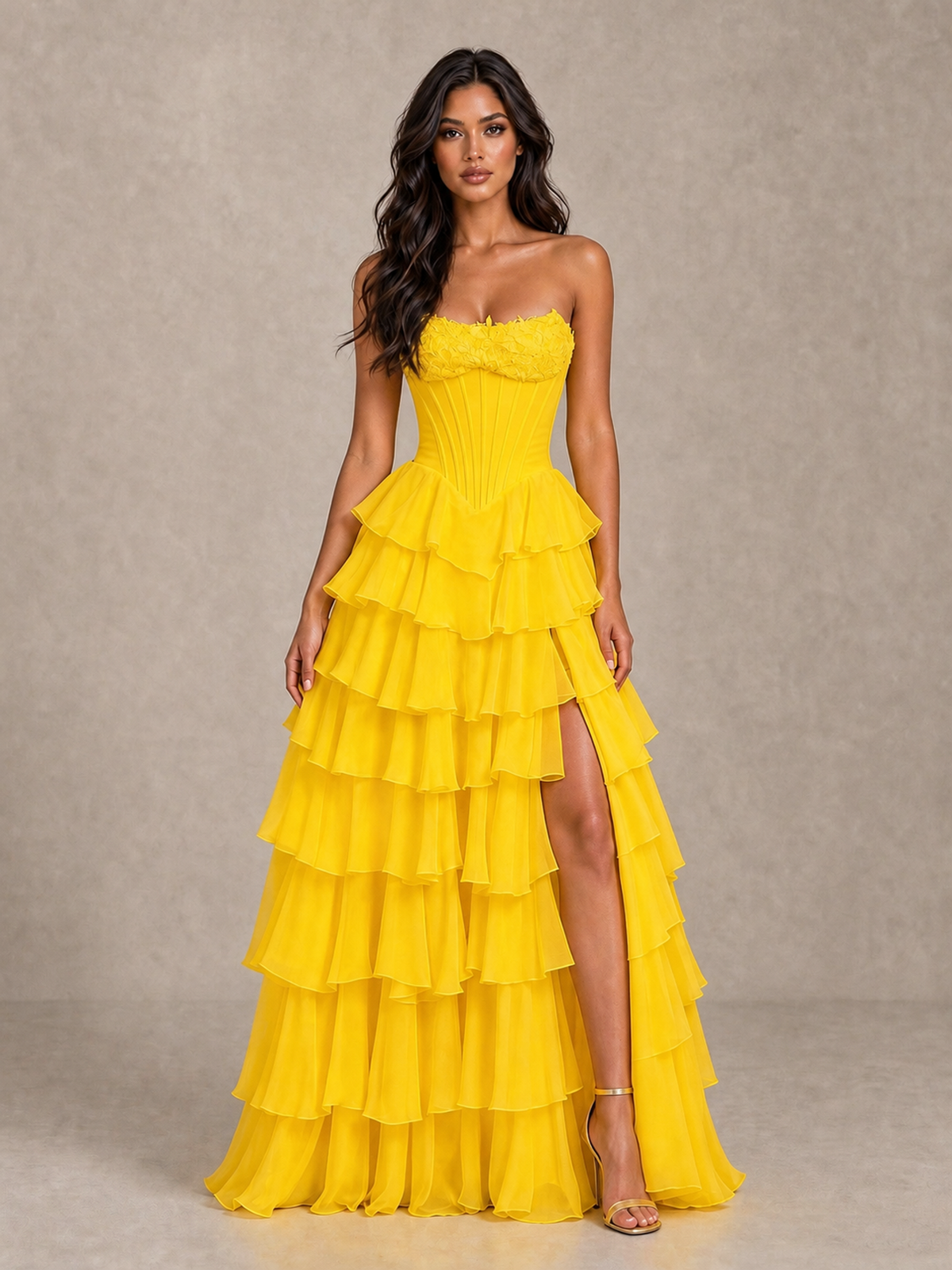 BOLODOO Mustard Yellow Strapless Corset Tiered Ruffle Prom Dress with High Slit - Mustard Yellow - Mustard Yellow_4