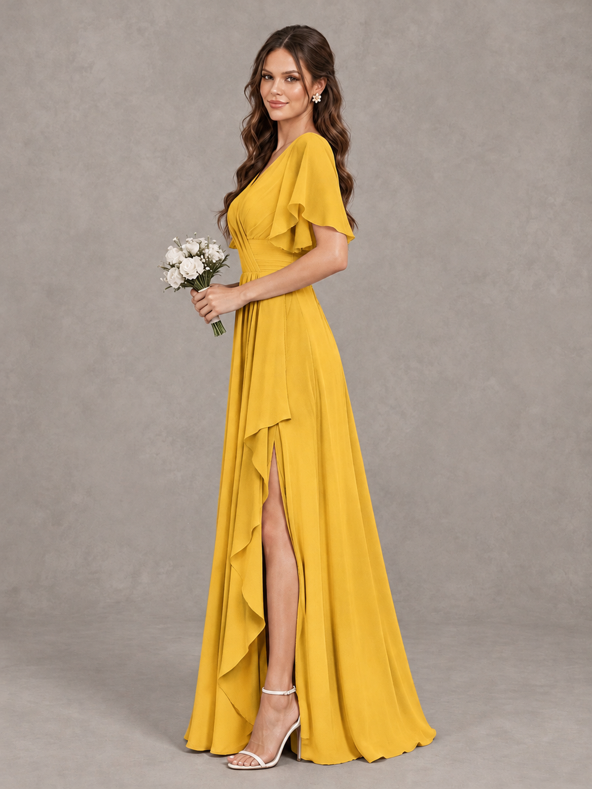 BOLODOO Mustard Yellow Flutter Sleeve V-Neck Bridesmaid Dress with Ruffle Slit - Mustard Yellow - Mustard Yellow_4