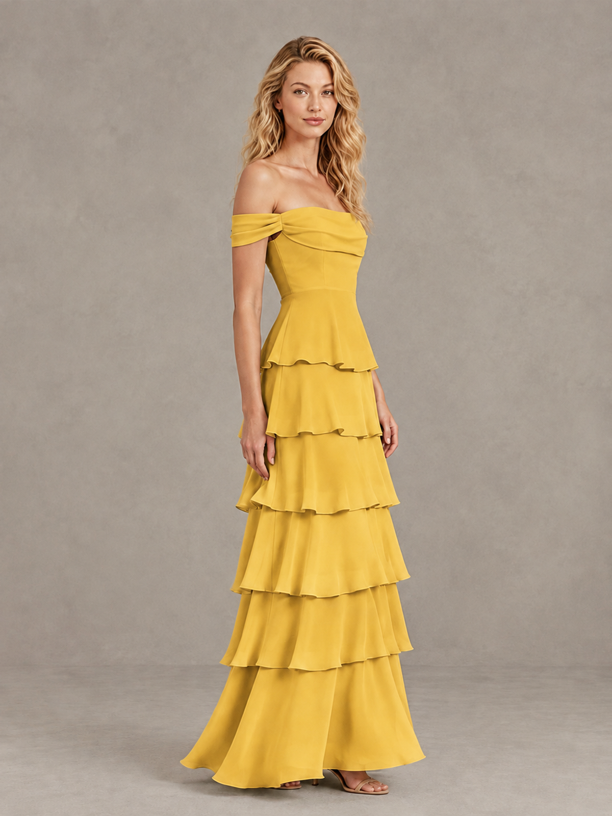 BOLODOO Mustard Yellow Off-Shoulder Tiered Ruffle Bridesmaid Dress with Lace-Up Back - Mustard Yellow - Mustard Yellow_4