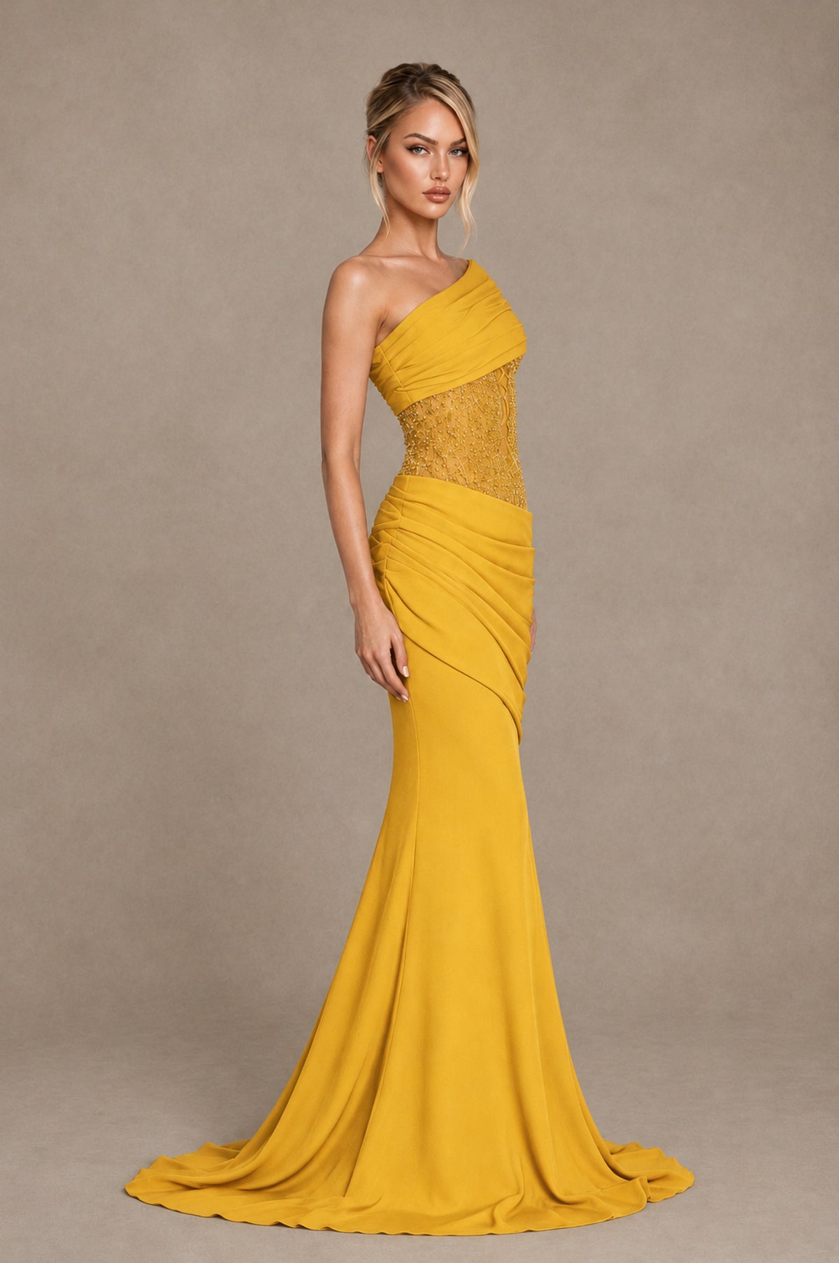BOLODOO Mustard Yellow One-Shoulder Sequin Embroidered Ruched Mermaid Gown with Train - Mustard Yellow - Mustard Yellow_4
