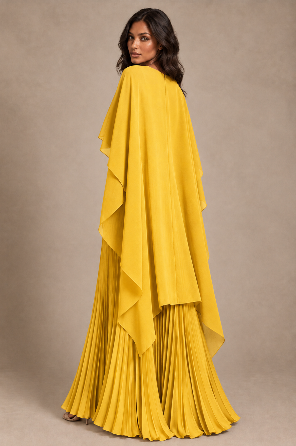 BOLODOO Mustard Yellow Pleated Cape A-Line Evening Dress - Mustard Yellow - Mustard_Yellow_4