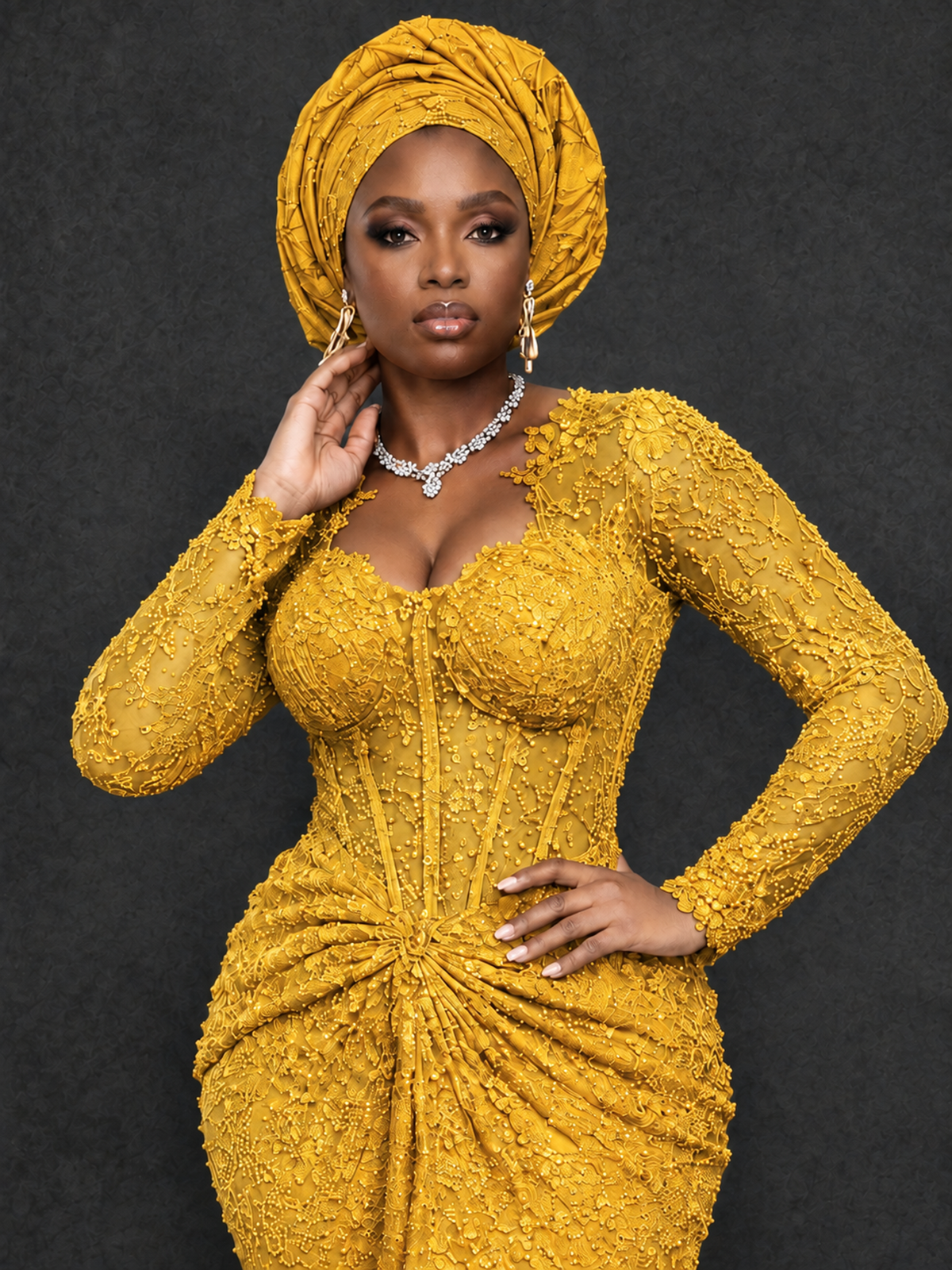 BOLODOO Mustard Yellow Beaded Lace Long Sleeve Mermaid Gown Sweetheart | Mother of the Bride - Mustard Yellow - Mustard Yellow_4