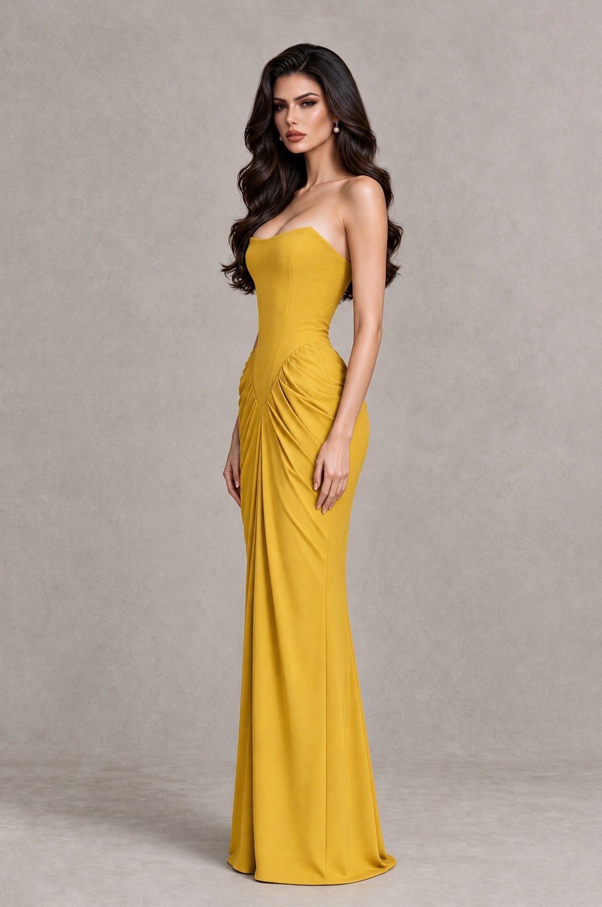 BOLODOO Mustard Yellow Strapless Ruched Corset Evening Gown - Mustard Yellow - Mustard Yellow_4