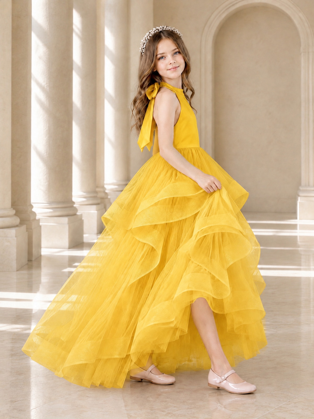 BOLODOO Mustard Yellow Halter Tiered Tulle Flower Girl Dress with Bow Back - Mustard Yellow - Mustard Yellow_4