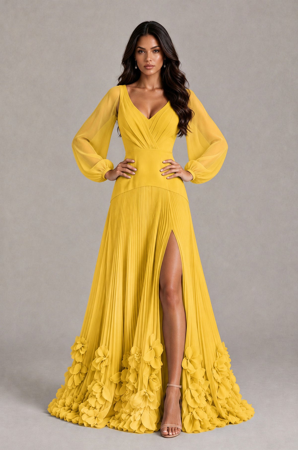 BOLODOO Mustard Yellow V-Neck Long Sleeve Pleated Floral Hem Evening Dress - Mustard Yellow - Mustard Yellow_4