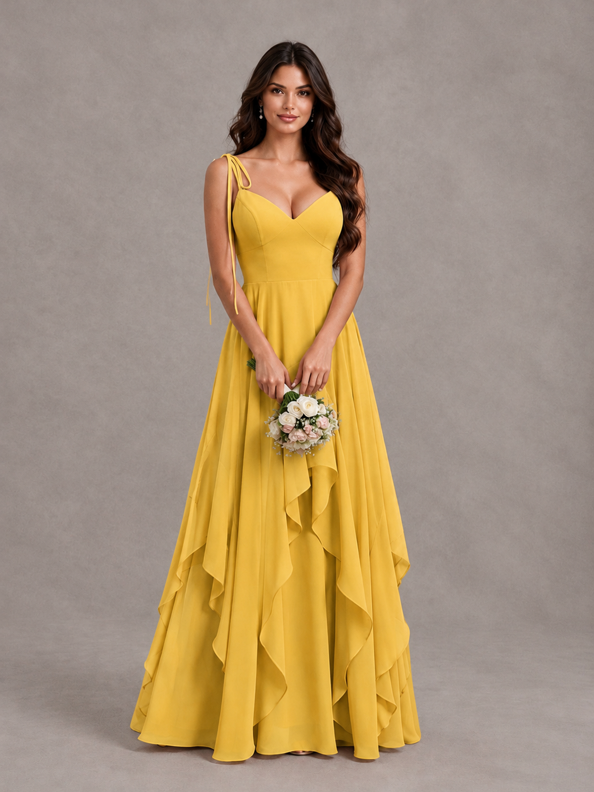 BOLODOO Mustard Yellow Tie-Strap Ruffle A-Line Bridesmaid Dress - Mustard Yellow - Mustard Yellow_4