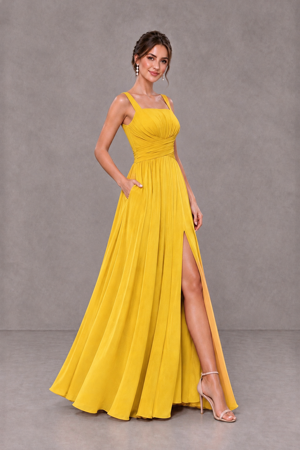 BOLODOO Mustard Yellow Square Neck A-Line Bridesmaid Dress with Slit - Mustard Yellow - Mustard Yellow_4