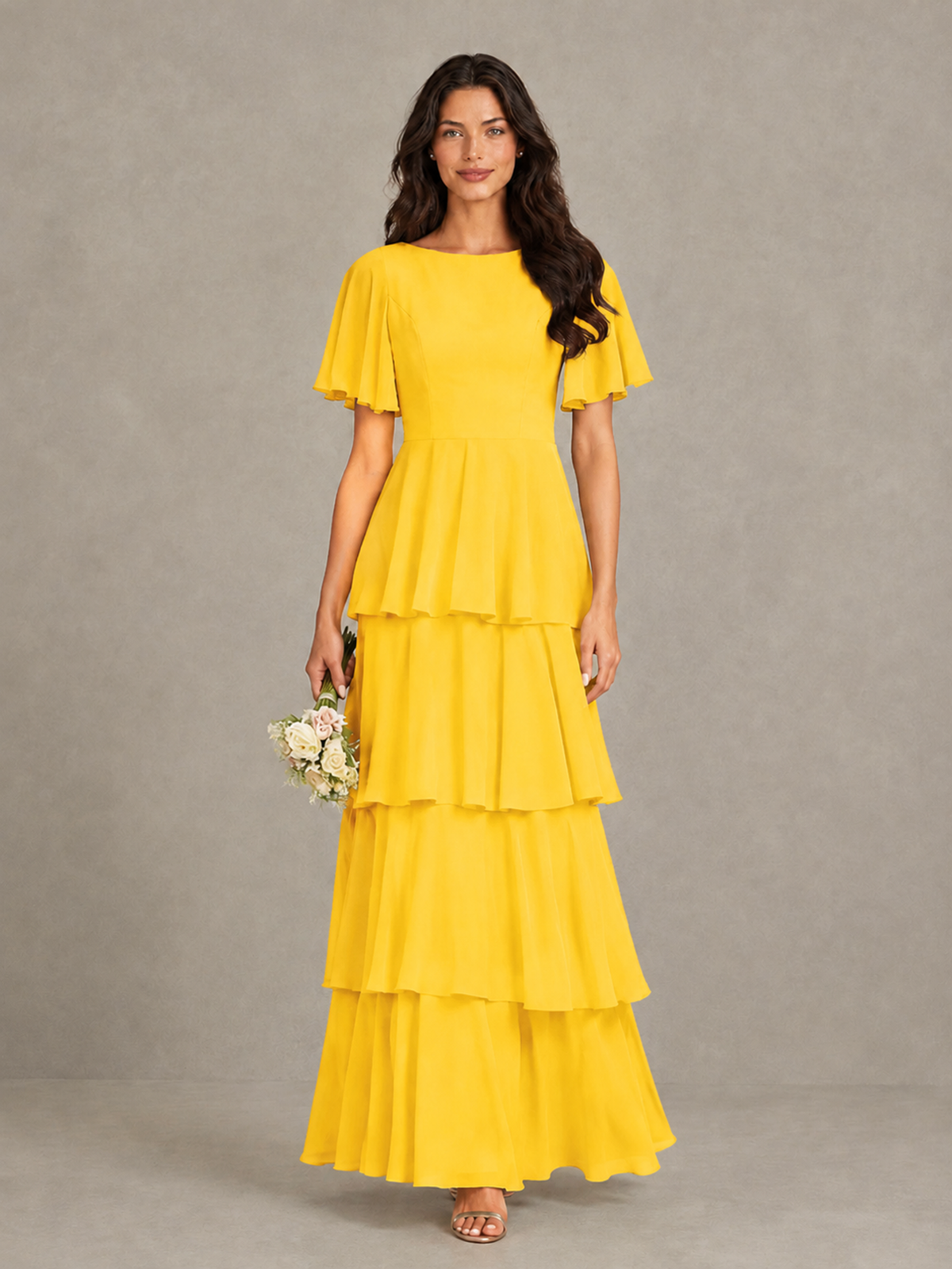 BOLODOO Mustard Yellow Tiered Flutter Sleeve Bridesmaid Dress - Mustard Yellow - Mustard Yellow_4