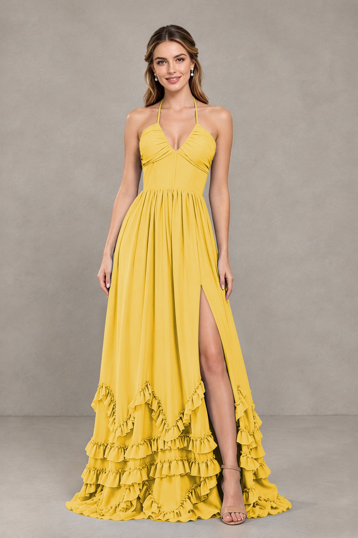 BOLODOO Mustard Yellow Halter Ruffle Hem A-Line Bridesmaid Dress with High Slit - Mustard Yellow - Mustard Yellow(4)