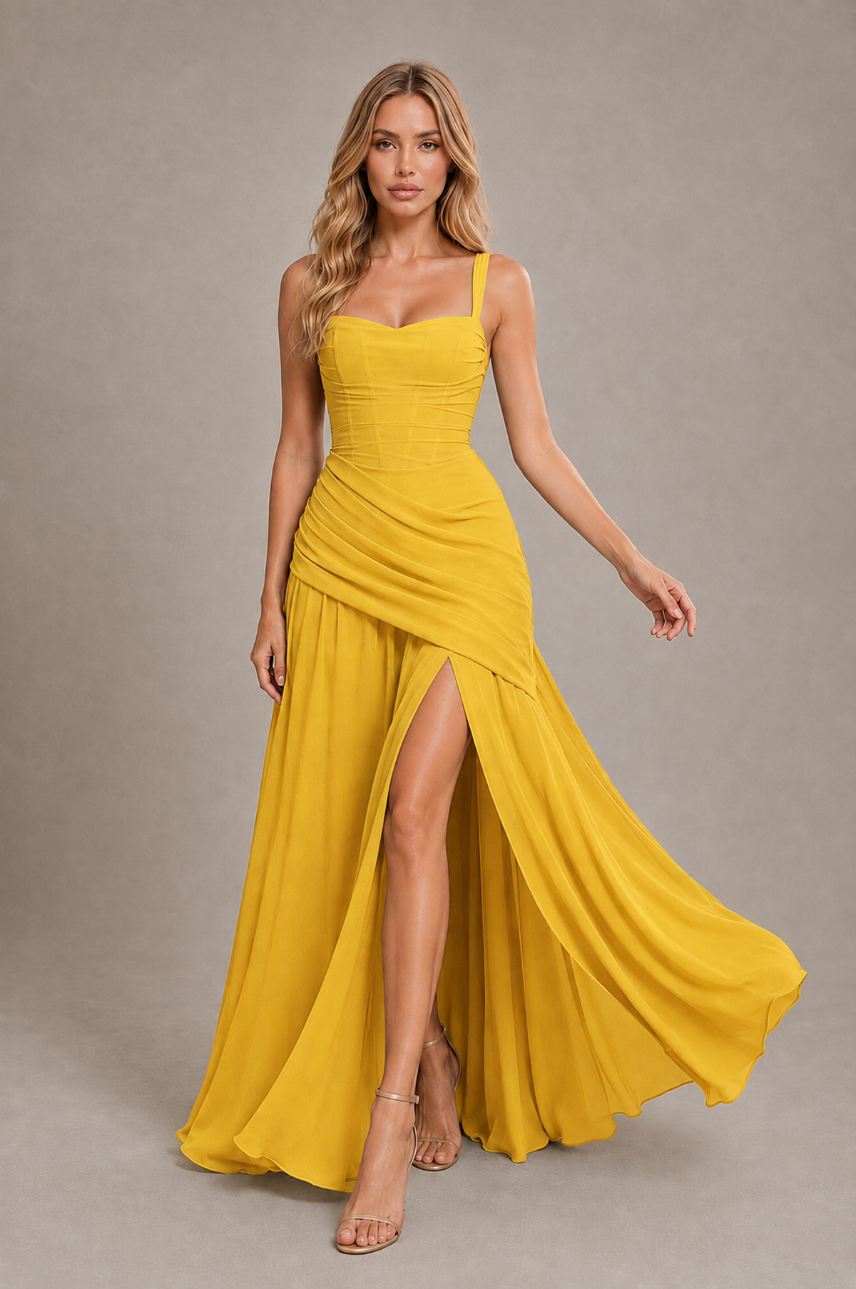BOLODOO Mustard Yellow Spaghetti Strap Ruched Maxi Dress – Formal Evening Gown with Slit - Mustard Yellow - Mustard_Yellow_4