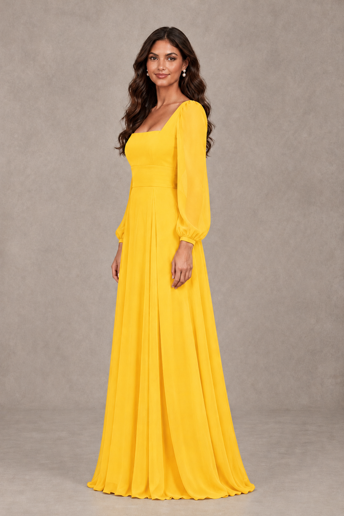 BOLODOO Mustard Yellow Square Neck Long Sleeve A-Line Bridesmaid Dress - Mustard Yellow - Mustard Yellow_4