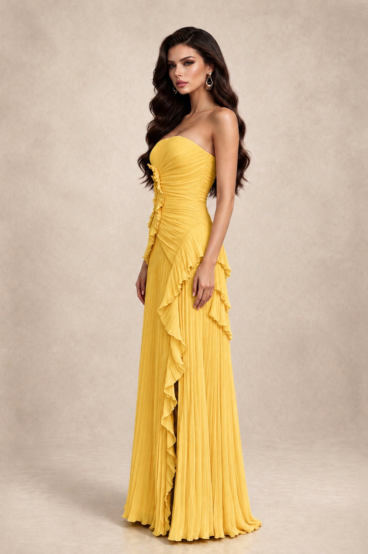BOLODOO Mustard Yellow Strapless Ruffle Pleated Slit Evening Gown - Mustard Yellow - Mustard Yellow_4