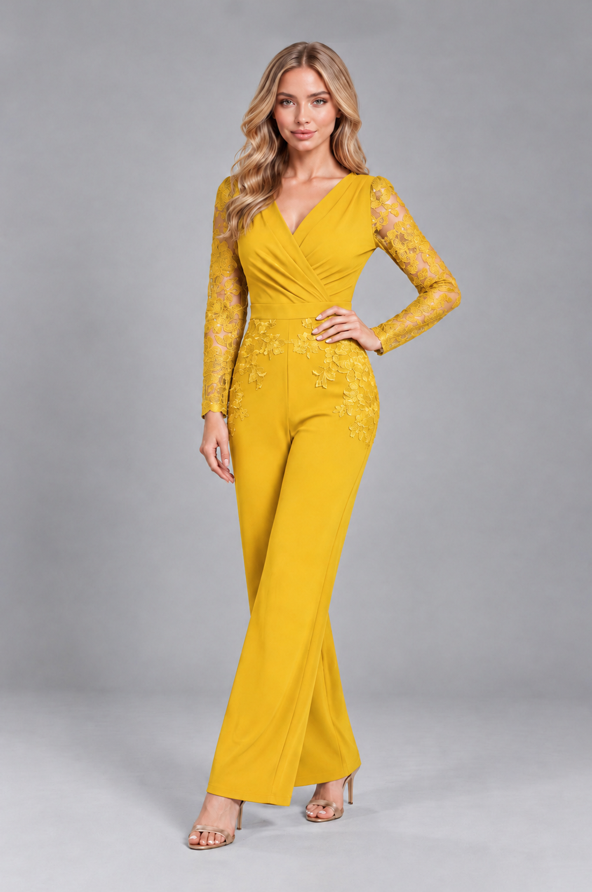 BOLODOO Mustard Yellow Lace Long-Sleeve V-Neck Mother Pant Suit - Mustard Yellow - Mustard Yellow_4