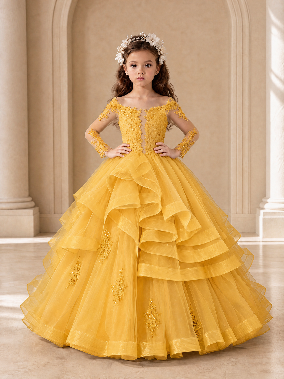 BOLODOO Mustard Yellow Lace Long Sleeve Tiered Flower Girl Dress - Mustard Yellow - Mustard_Yellow_4