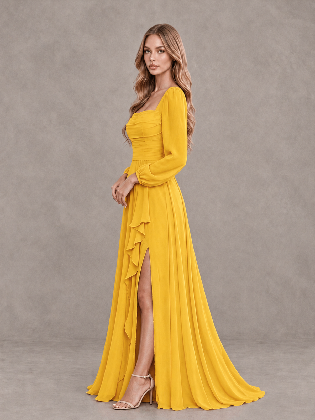 BOLODOO Mustard Yellow Square Neck Long Sleeve Bridesmaid Dress with Ruffle Slit - Mustard Yellow - Mustard Yellow_4