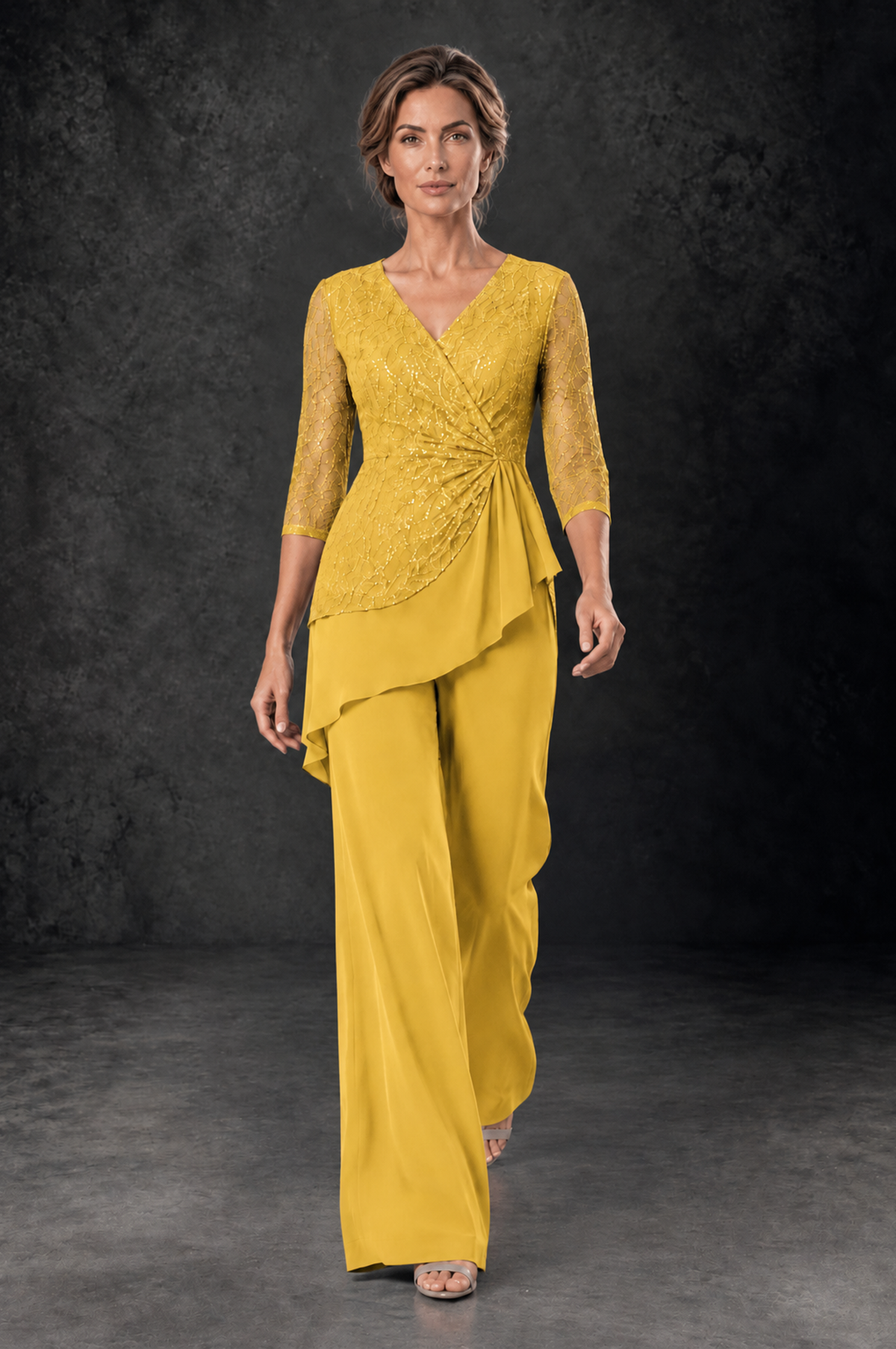 BOLODOO Mustard Yellow Sequin Lace 3/4 Sleeve Chiffon Mother of the Bride Pant Suit - Mustard Yellow - Mustard_Yellow_4