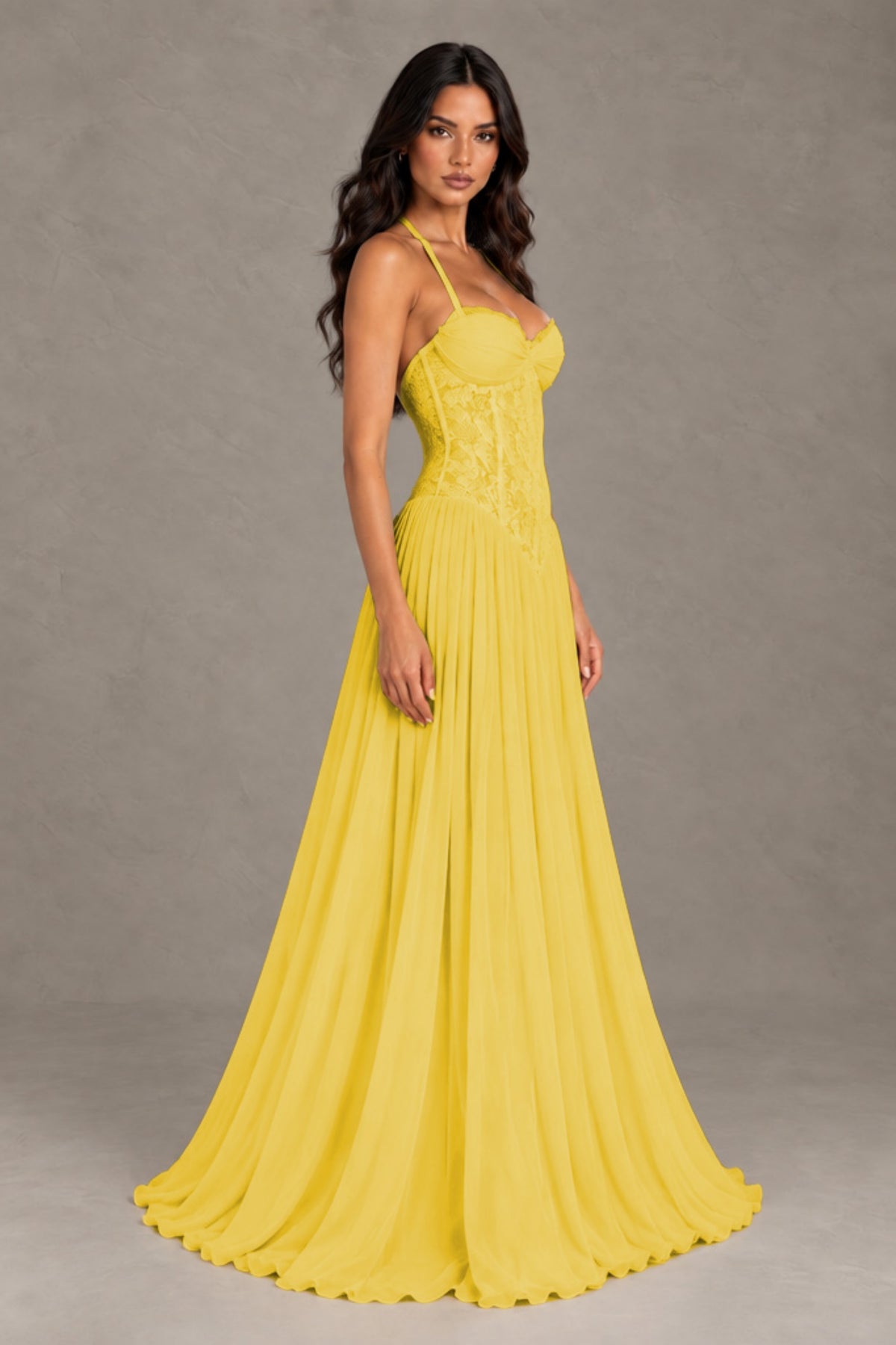 BOLODOO Mustard Yellow Lace Corset Halter Maxi Gown – Backless A-Line Formal Dress - Mustard Yellow - Mustard Yellow(4)