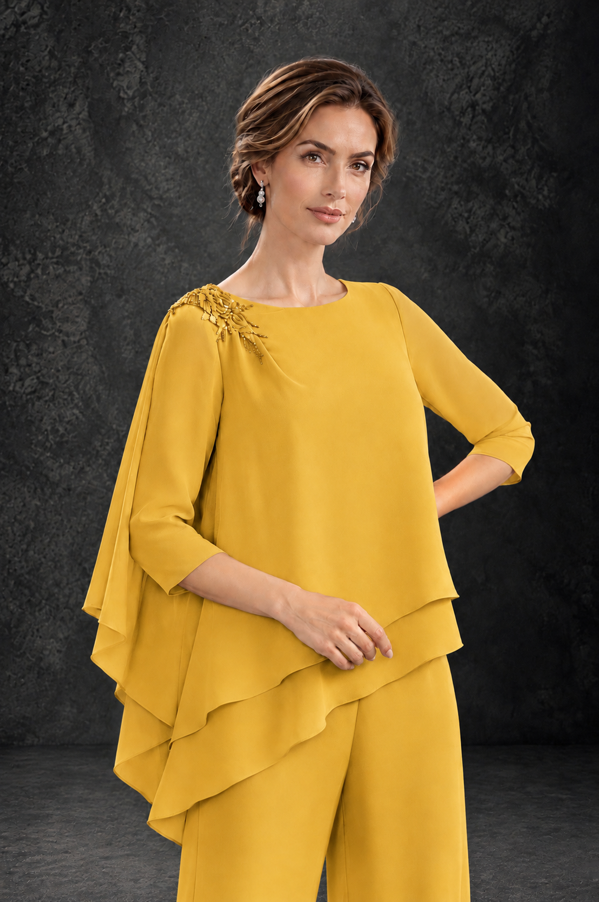 BOLODOO Mustard Yellow Layered Wide-Leg Mother of the Bride Pant Suit - Mustard Yellow - Mustard Yellow_4