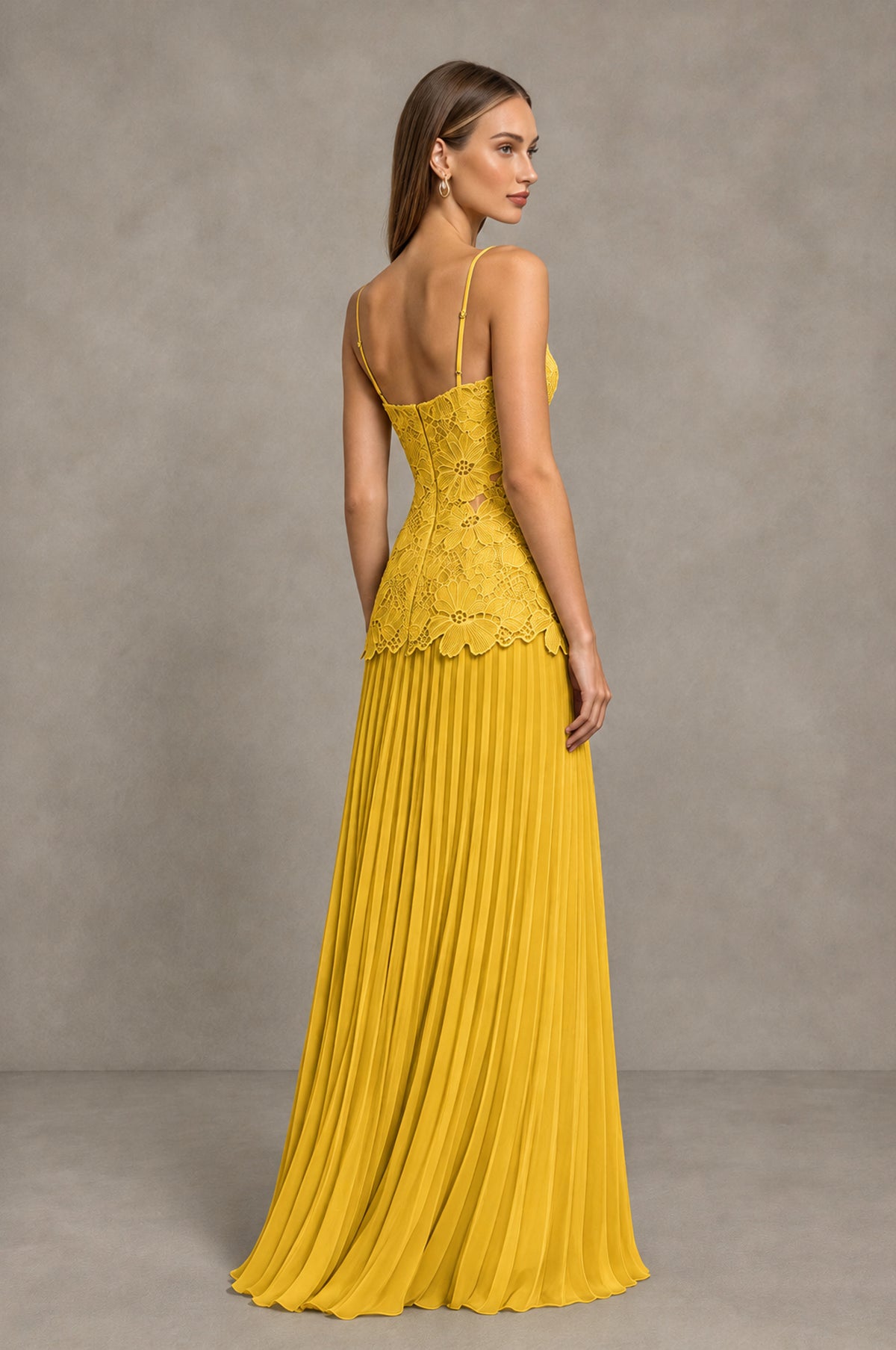 BOLODOO Mustard Yellow Lace Bodice Pleated Wedding Guest Dress - Mustard Yellow - Mustard Yellow_4