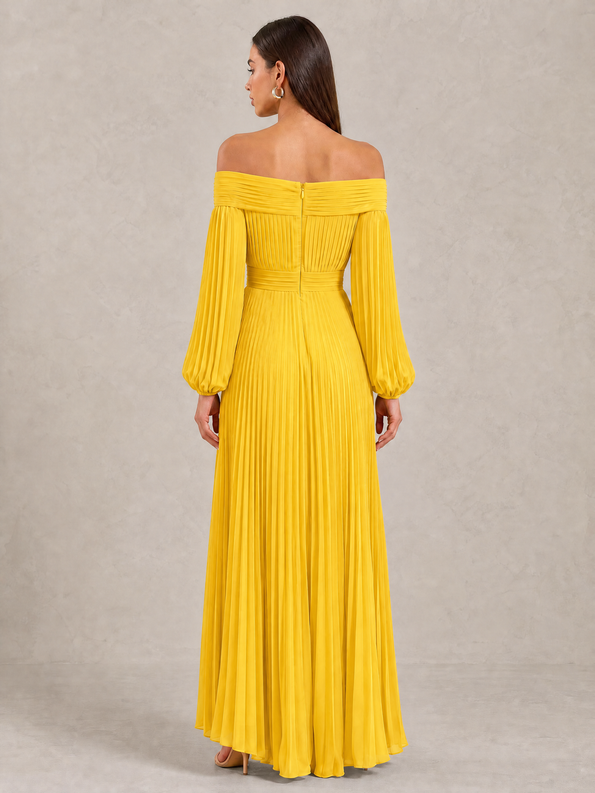 BOLODOO Mustard Yellow Off-Shoulder Long Sleeve Pleated High-Low Dress - Mustard Yellow - Mustard_Yellow_4