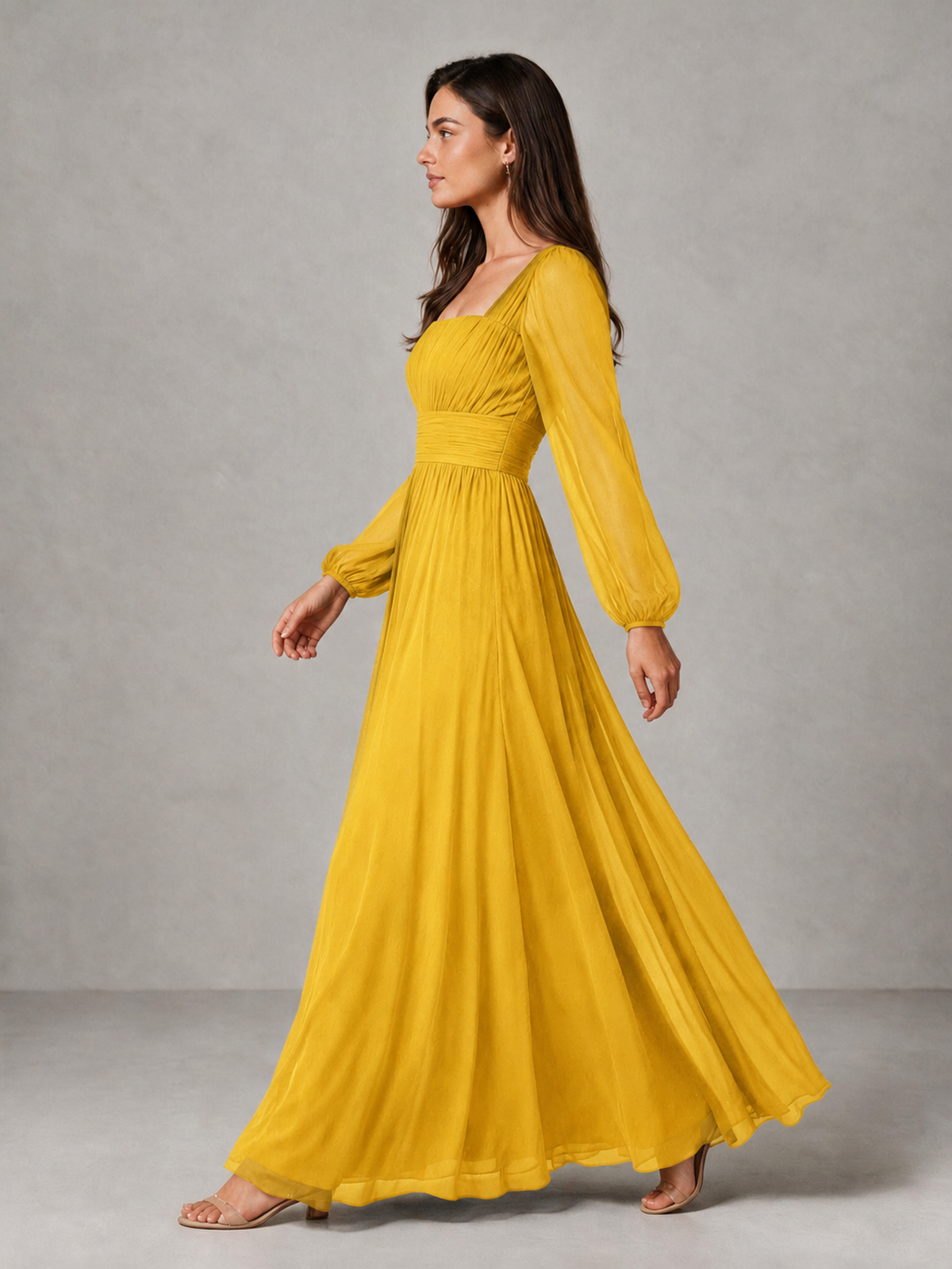 BOLODOO Mustard Yellow Square Neck Long Sleeve Chiffon Bridesmaid Dress - Mustard Yellow - Mustard Yellow_4
