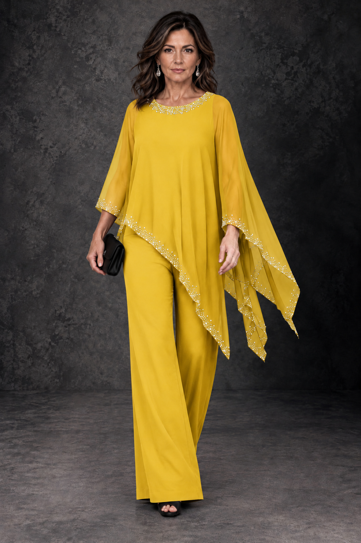 BOLODOO Mustard Yellow Embellished Cape Mother of the Bride Pantsuit - Mustard Yellow - Mustard_Yellow_4