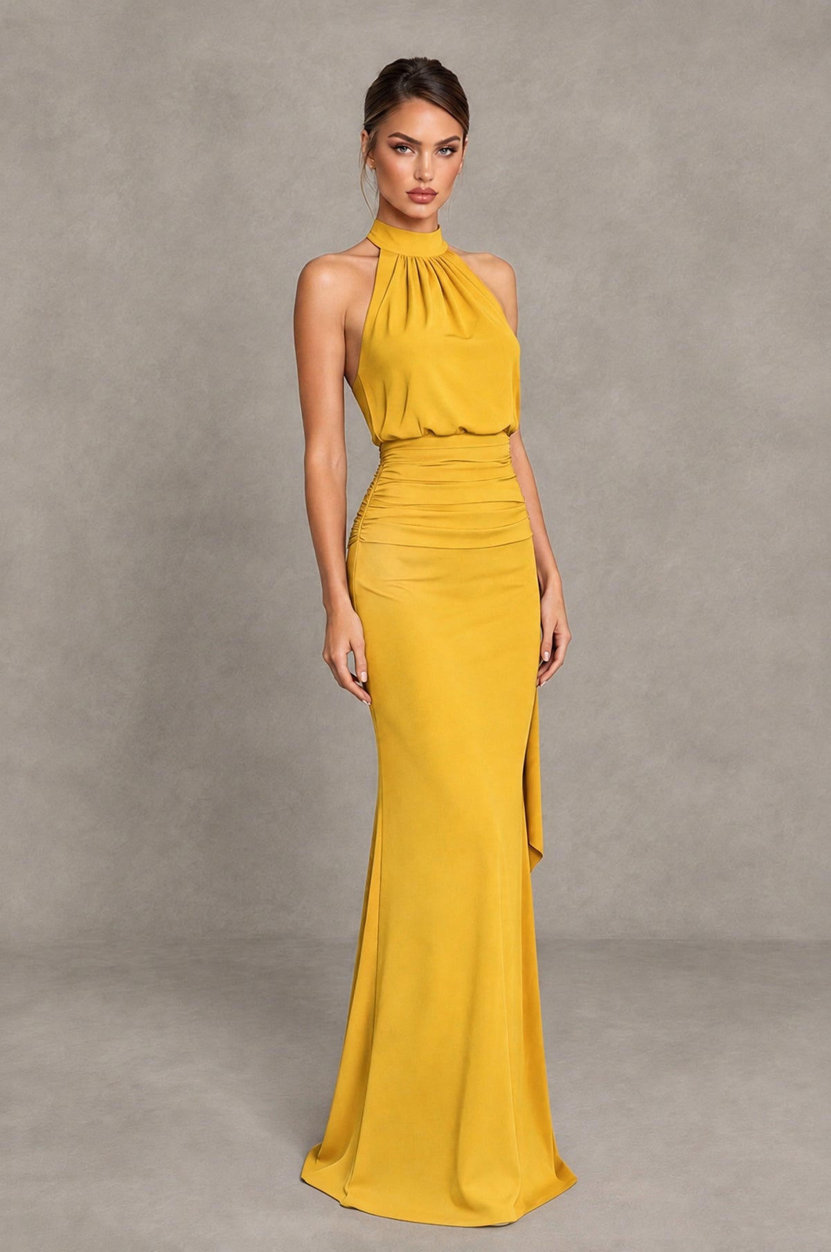 BOLODOO Mustard Yellow Chiffon Halter Maxi Formal Wedding Guest Dress - Mustard Yellow - Mustard Yellow_4