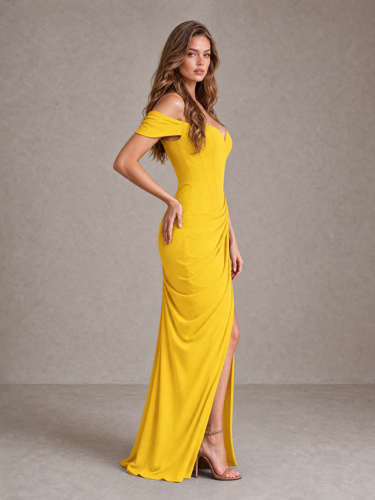 BOLODOO Mustard Yellow Off-Shoulder Ruched Corset Wedding Guest Dress with Slit - Mustard Yellow - Mustard_Yellow_4