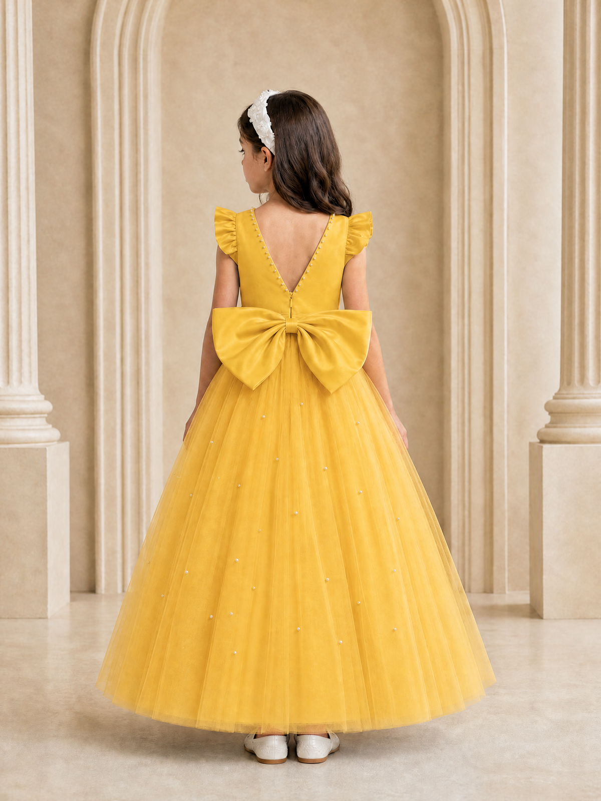 BOLODOO Mustard Yellow Tulle Flower Girl Dress with Ruffle Sleeves & Bow Back - Mustard Yellow - Mustard_Yellow_4
