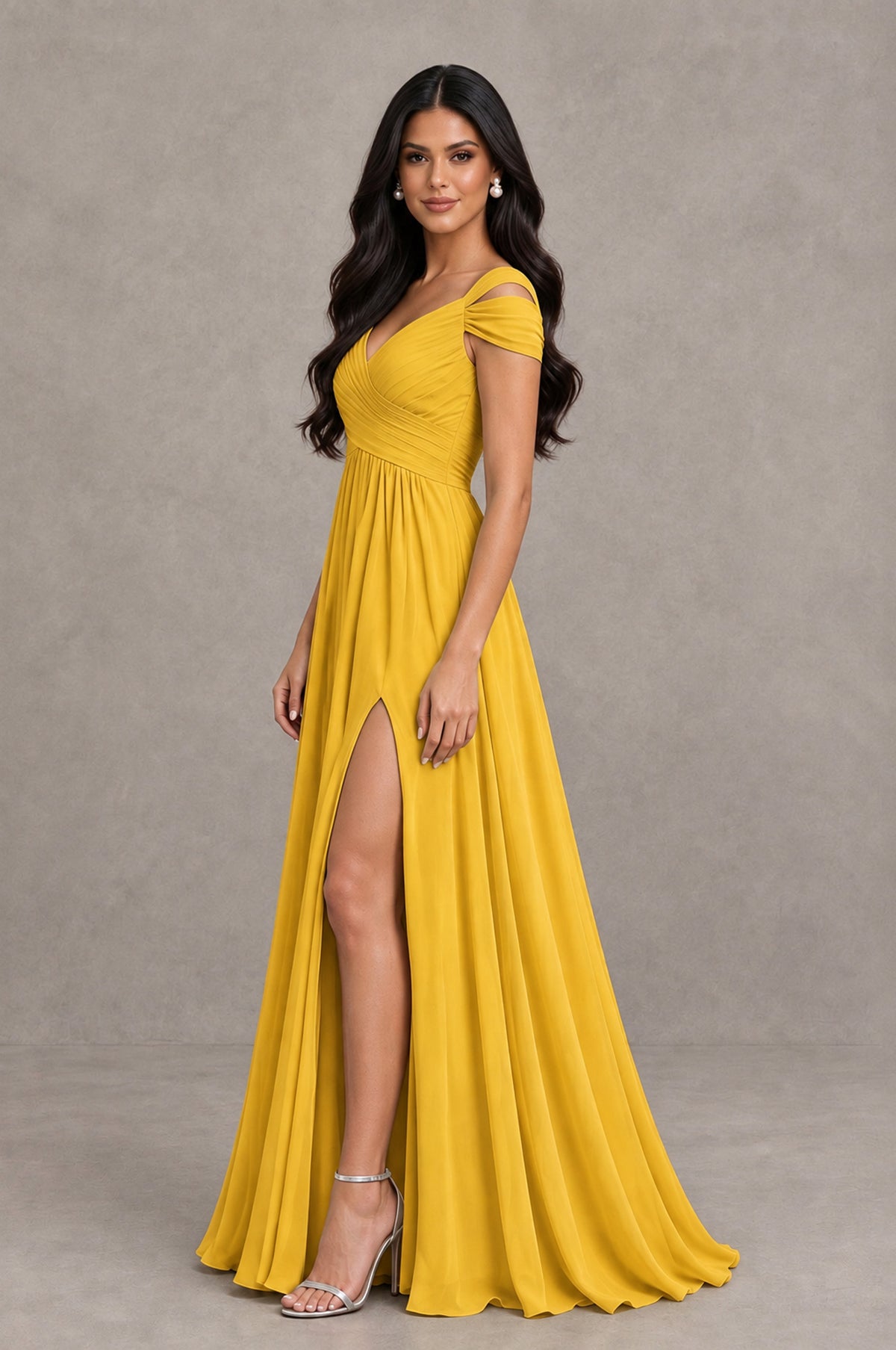 BOLODOO Mustard Yellow Cold Shoulder Chiffon Evening Dress with V Neck and High Slit - Mustard Yellow - Mustard Yellow_4