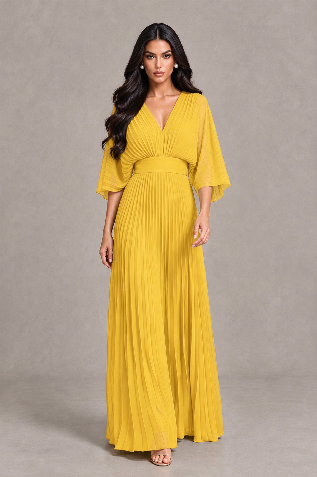 BOLODOO Mustard Yellow V-Neck Pleated Flutter Sleeve Formal Dress - Mustard Yellow - Mustard Yellow_4