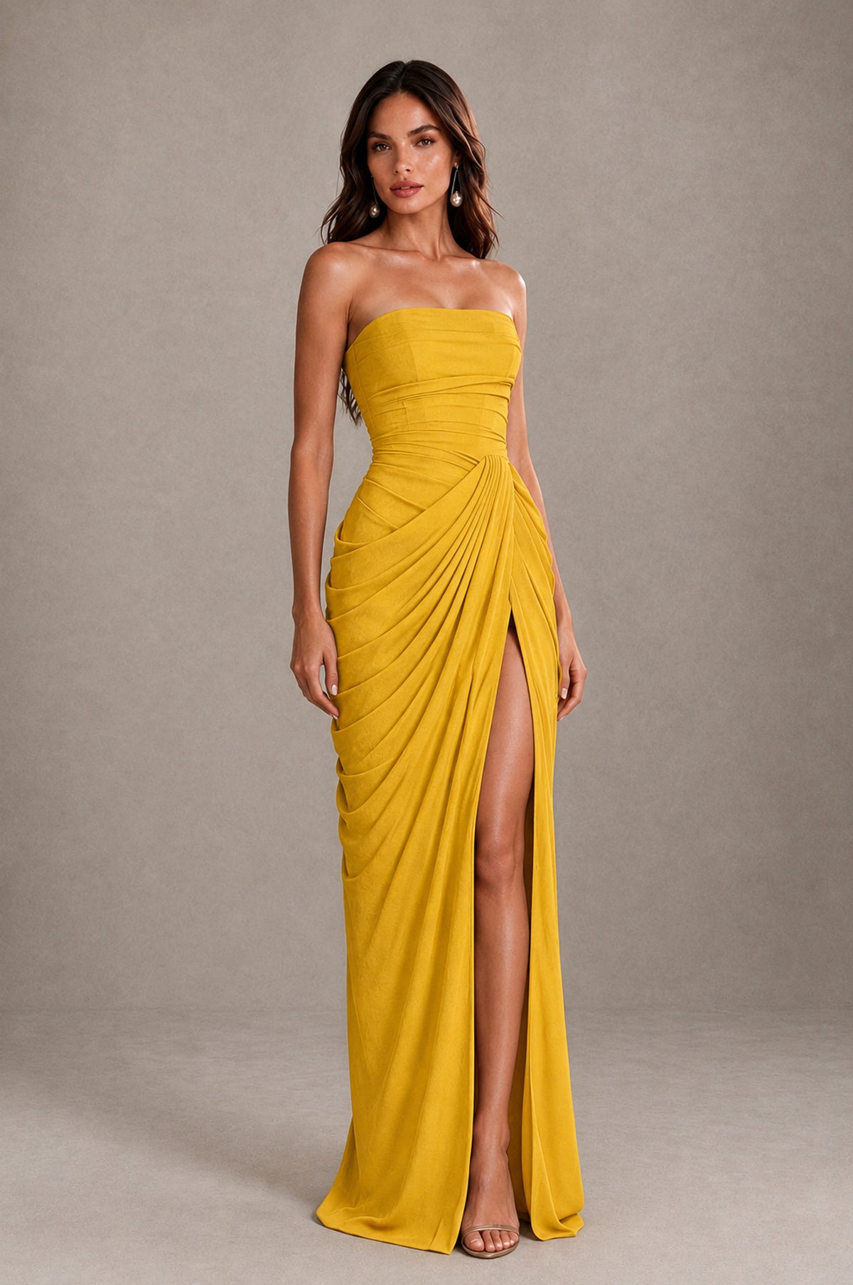 BOLODOO Strapless Draped Maxi Dress - Mustard Yellow Backless Evening Gown with High Slit - Mustard Yellow - Mustard Yellow_4