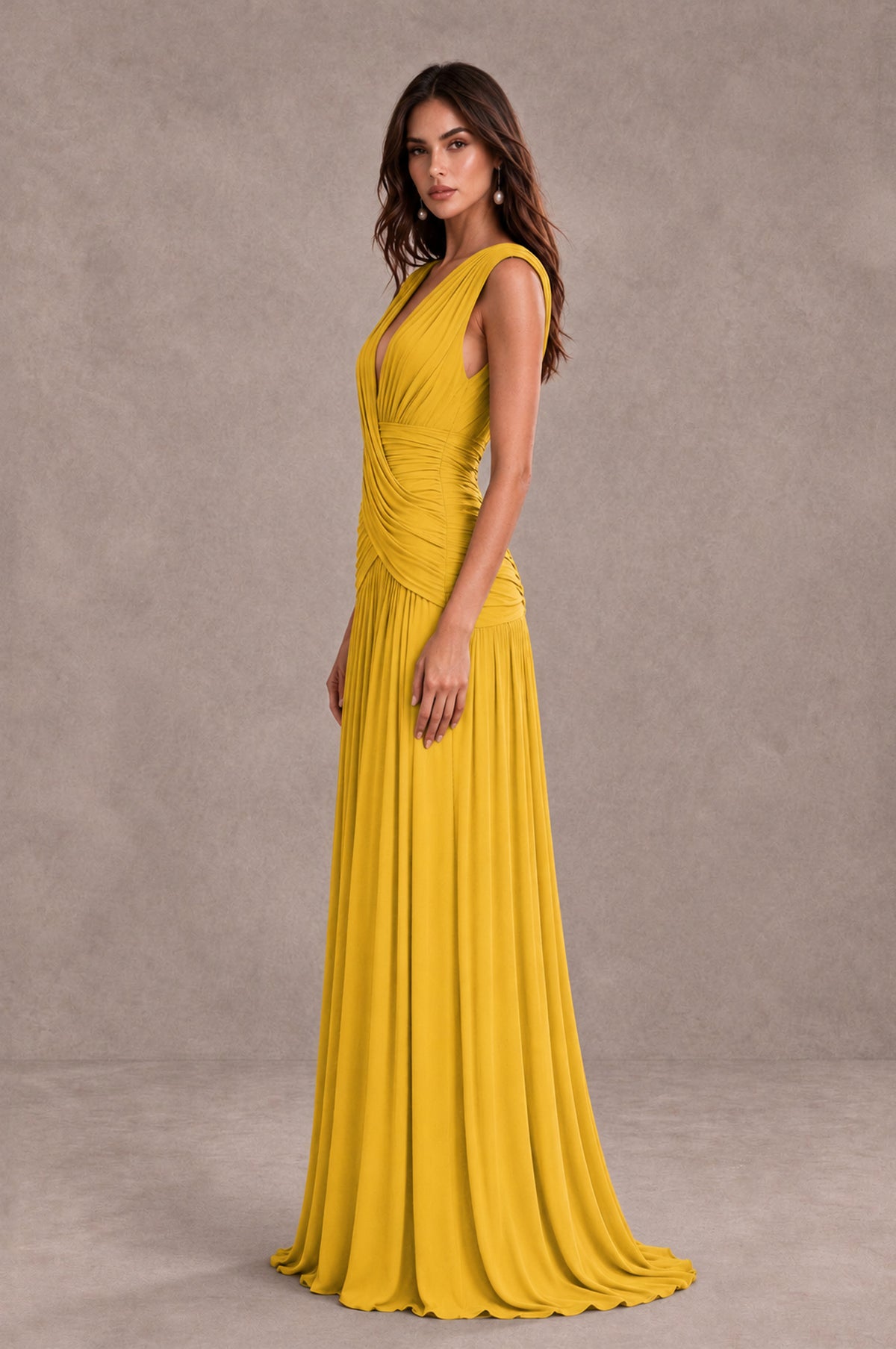 BOLODOO Mustard Yellow V-Neck Ruched Wedding Guest Dress - Mustard Yellow - Mustard Yellow_4