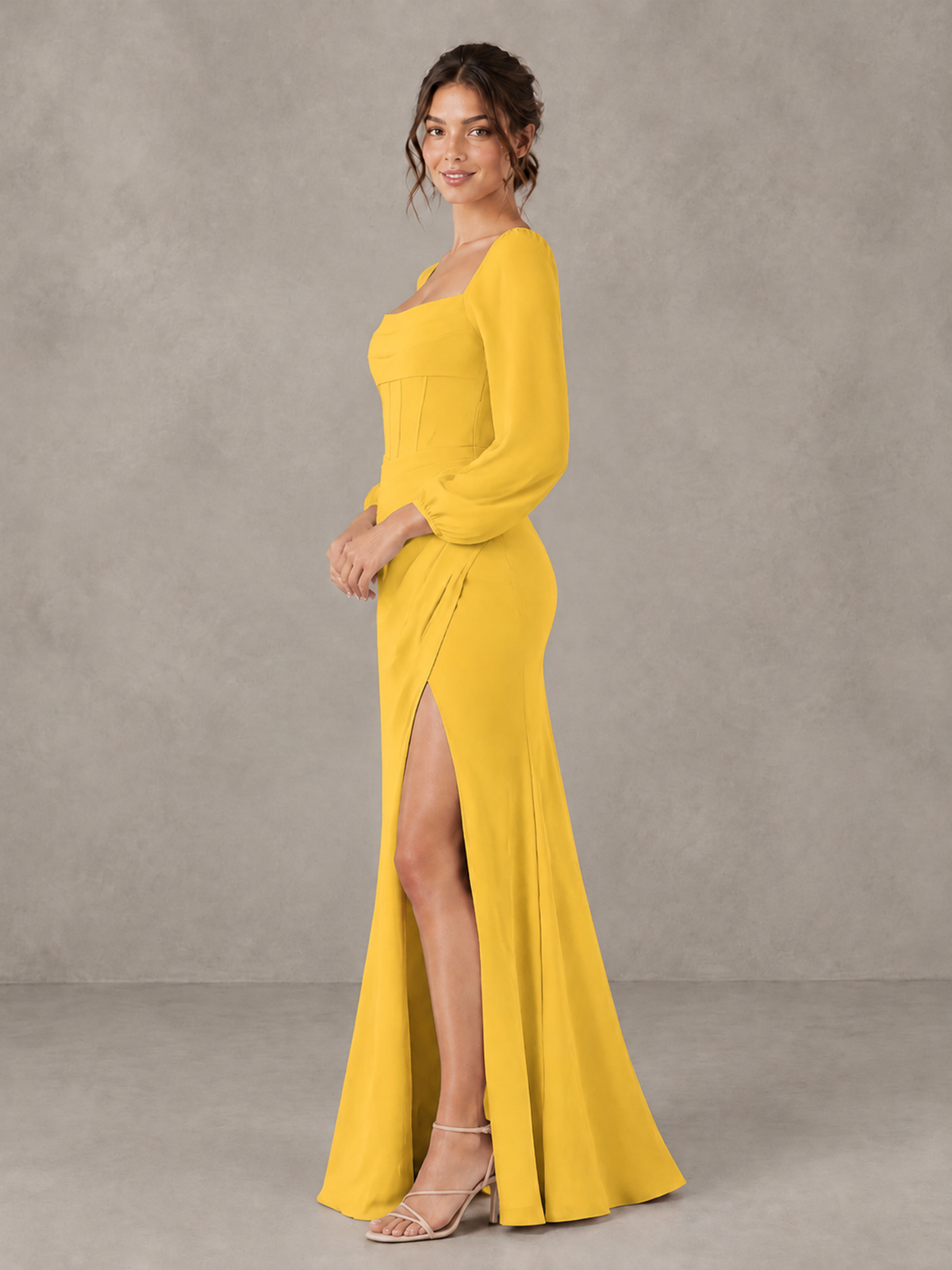 BOLODOO Mustard Yellow Square Neck Long Sleeve Bridesmaid Dress with High Slit - Mustard Yellow - Mustard Yellow_4