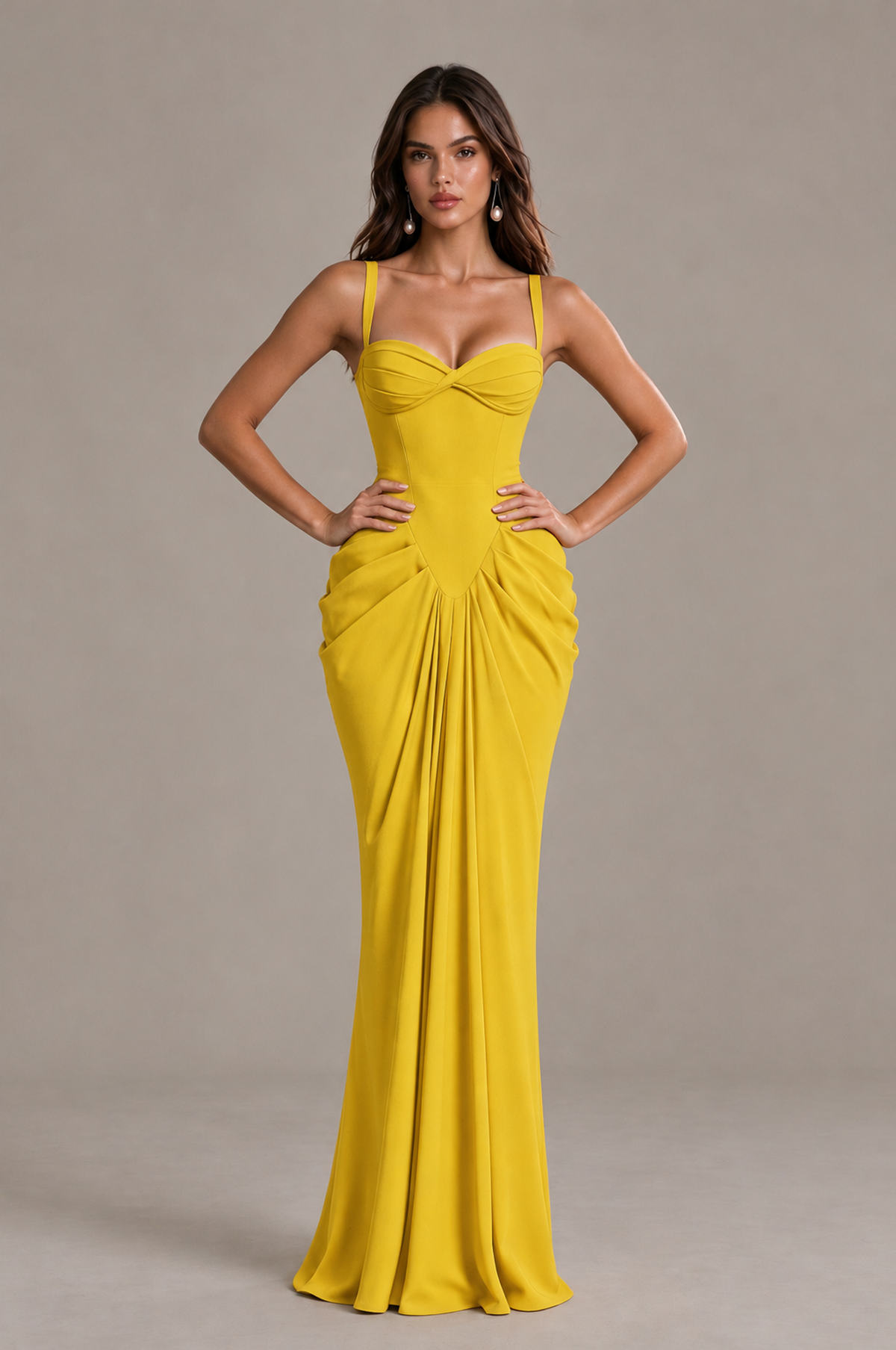 BOLODOO Mustard Yellow Sweetheart Ruched Lace-Up Back Evening Gown - Mustard Yellow - Mustard_Yellow_4