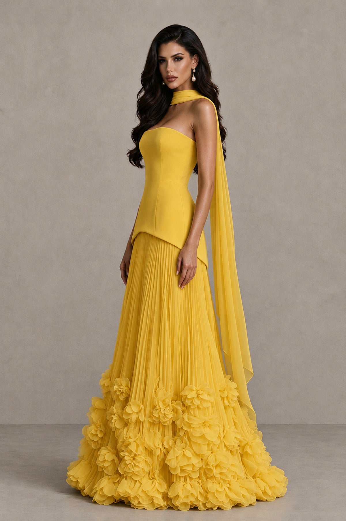 BOLODOO Mustard Yellow Strapless Pleated Floral Hem Evening Gown - Mustard Yellow - Mustard Yellow_4